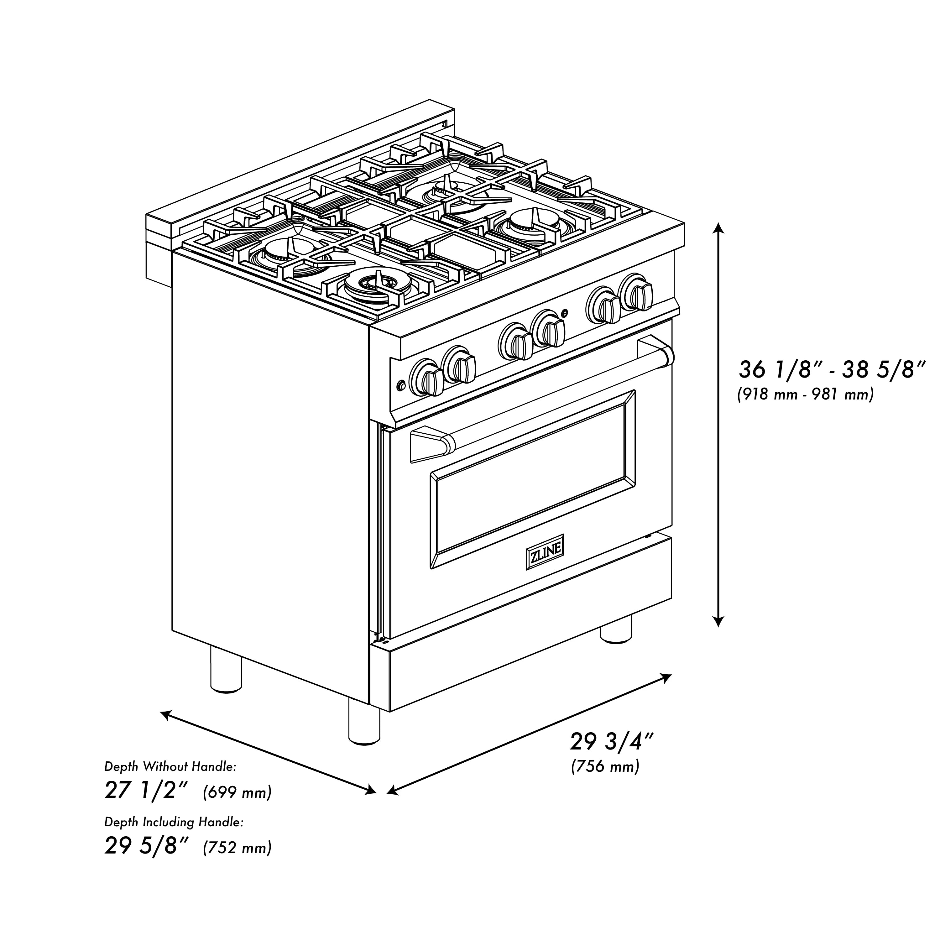 30-inch dual fuel range with gas cooktop, electric oven, and labeled dimensions