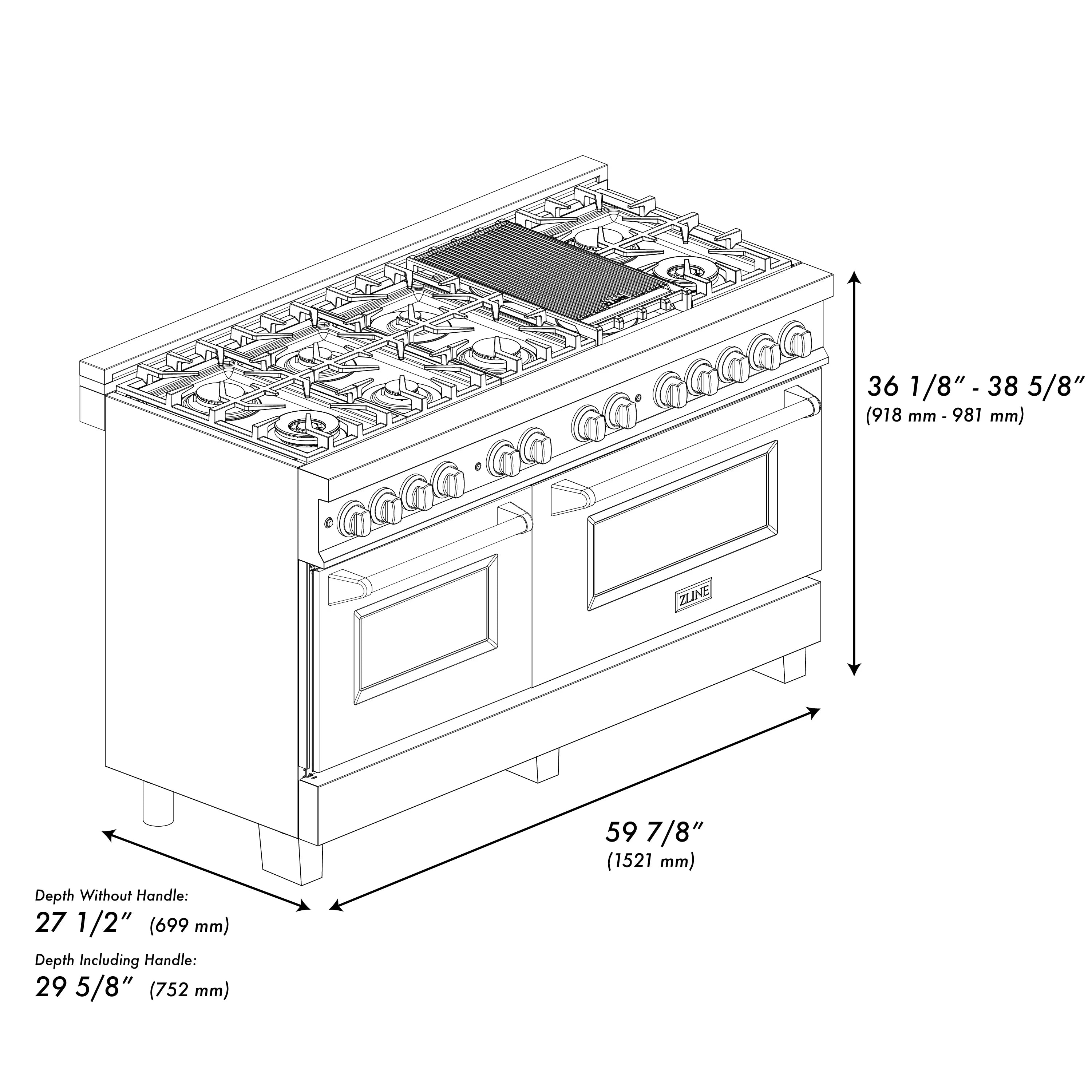 Stainless dual-fuel range with burner grates and gold control knobs, front view