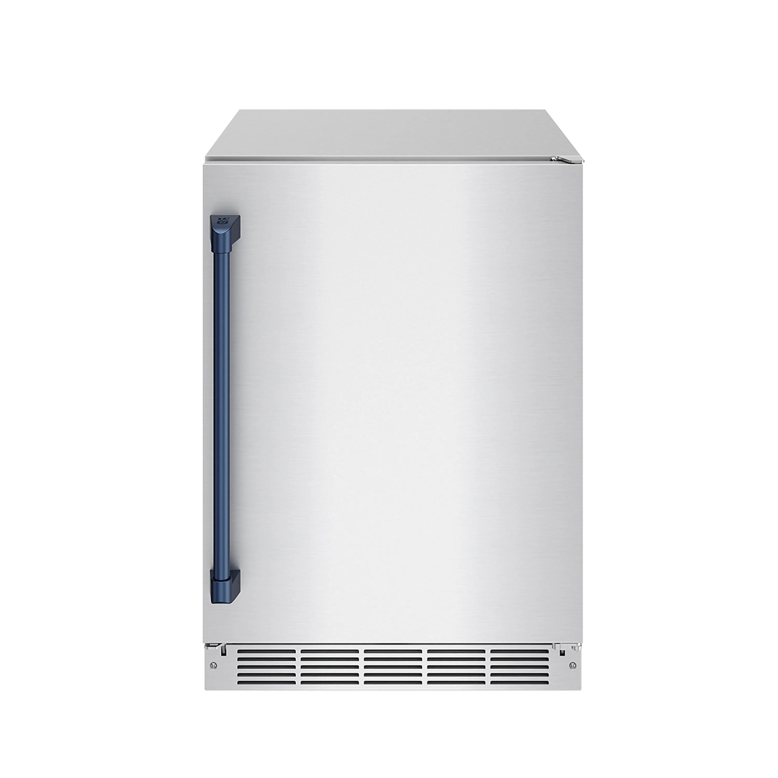 24-inch stainless beverage cooler with blue trim and tall vertical handle