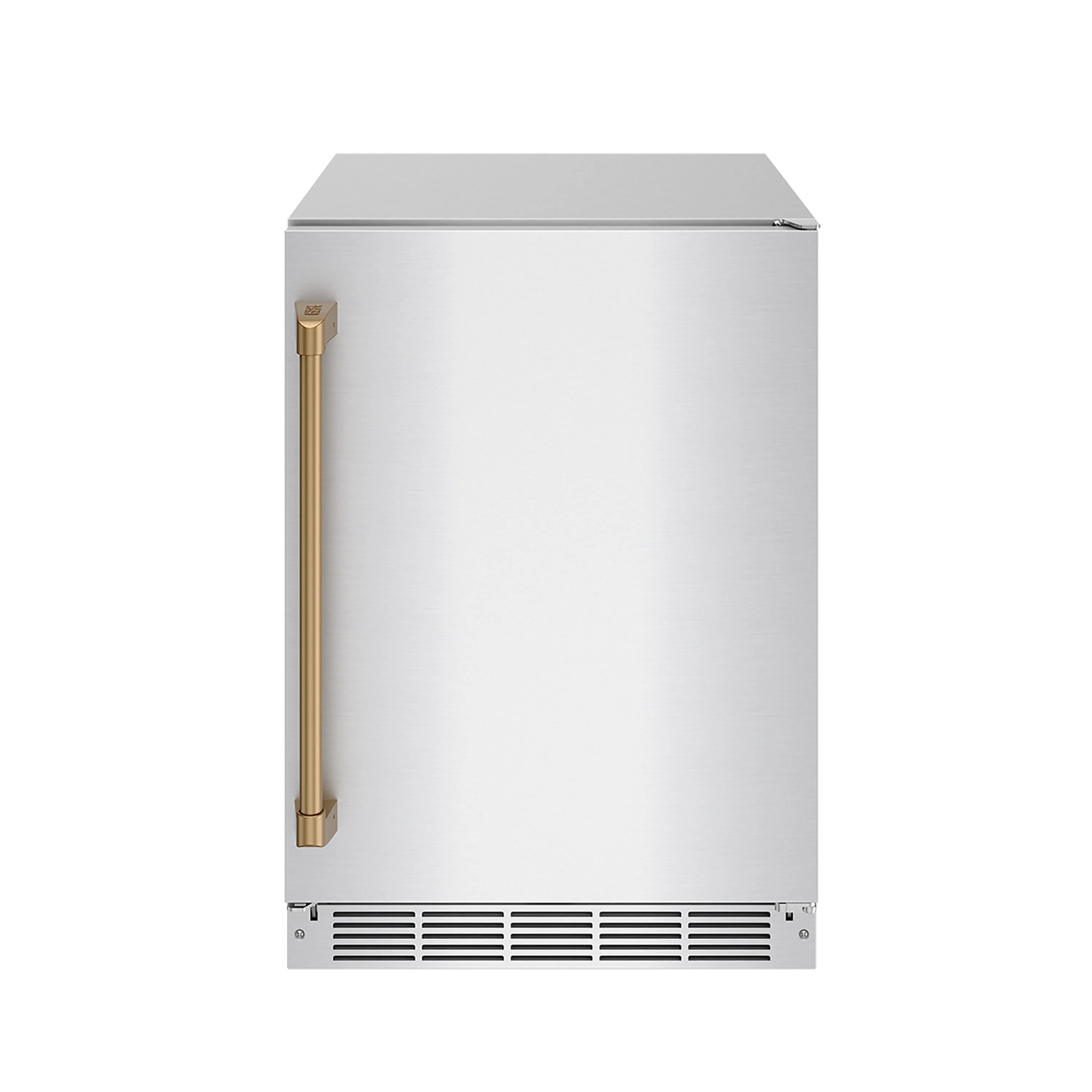 Stainless beverage cooler side view with bronze vertical handle and front vent grille