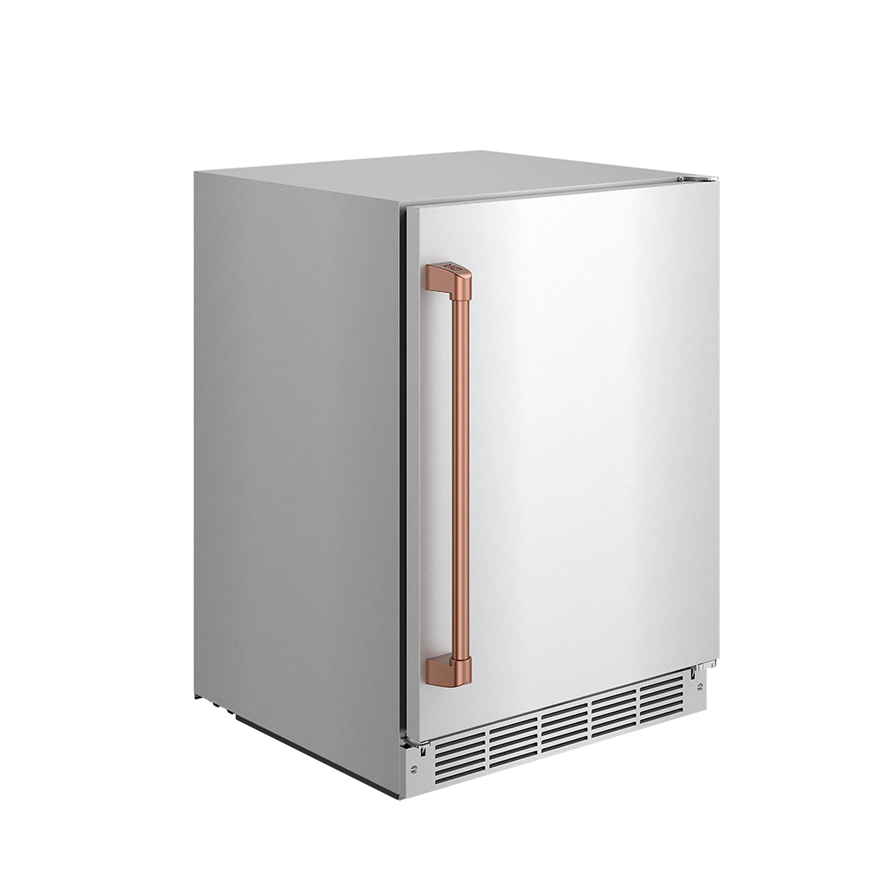 Stainless steel outdoor undercounter beverage cooler, side view with rose gold trim handle