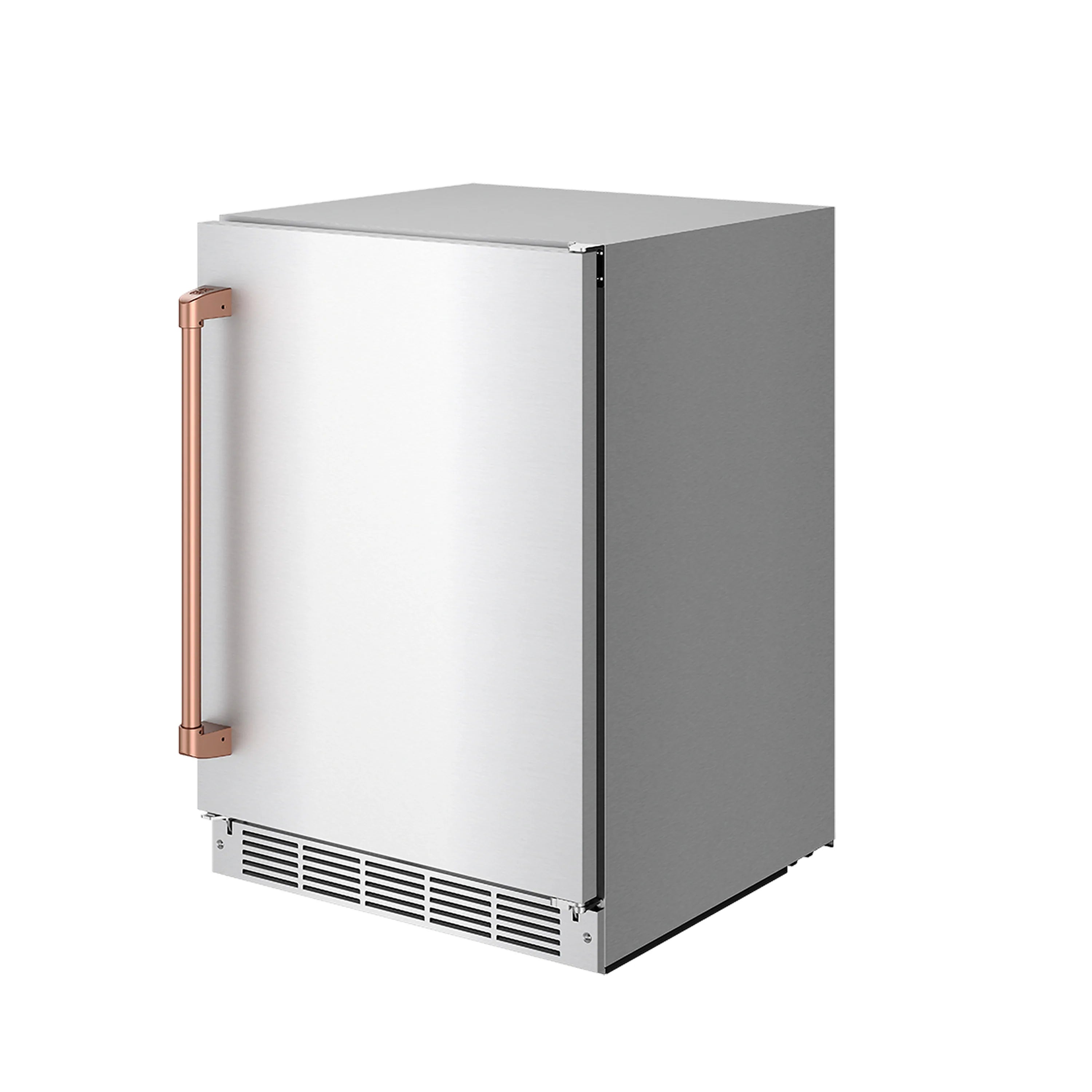 Stainless steel outdoor undercounter beverage cooler, front corner view with rose gold handle
