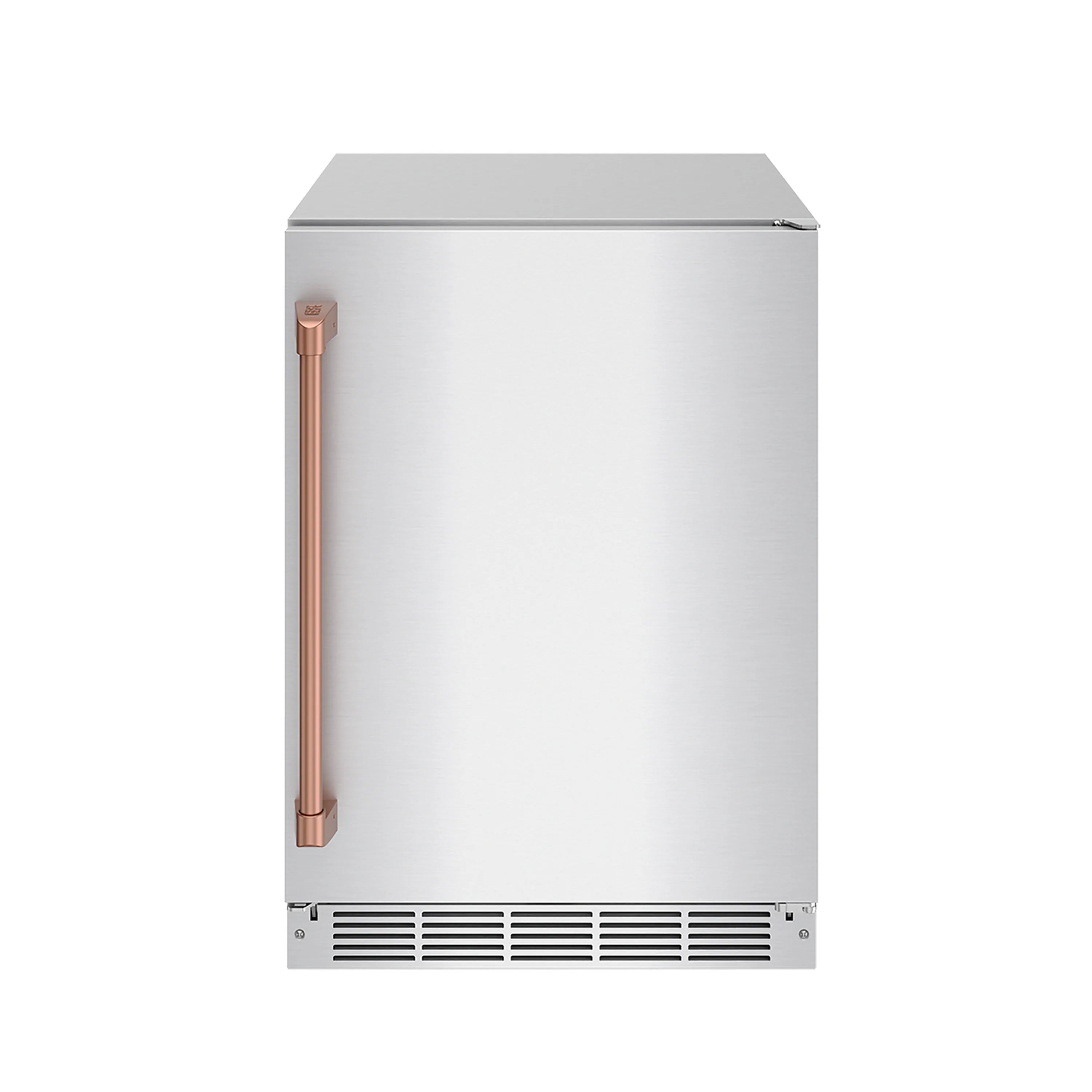 Stainless steel outdoor undercounter beverage cooler with rose gold handle and vented base