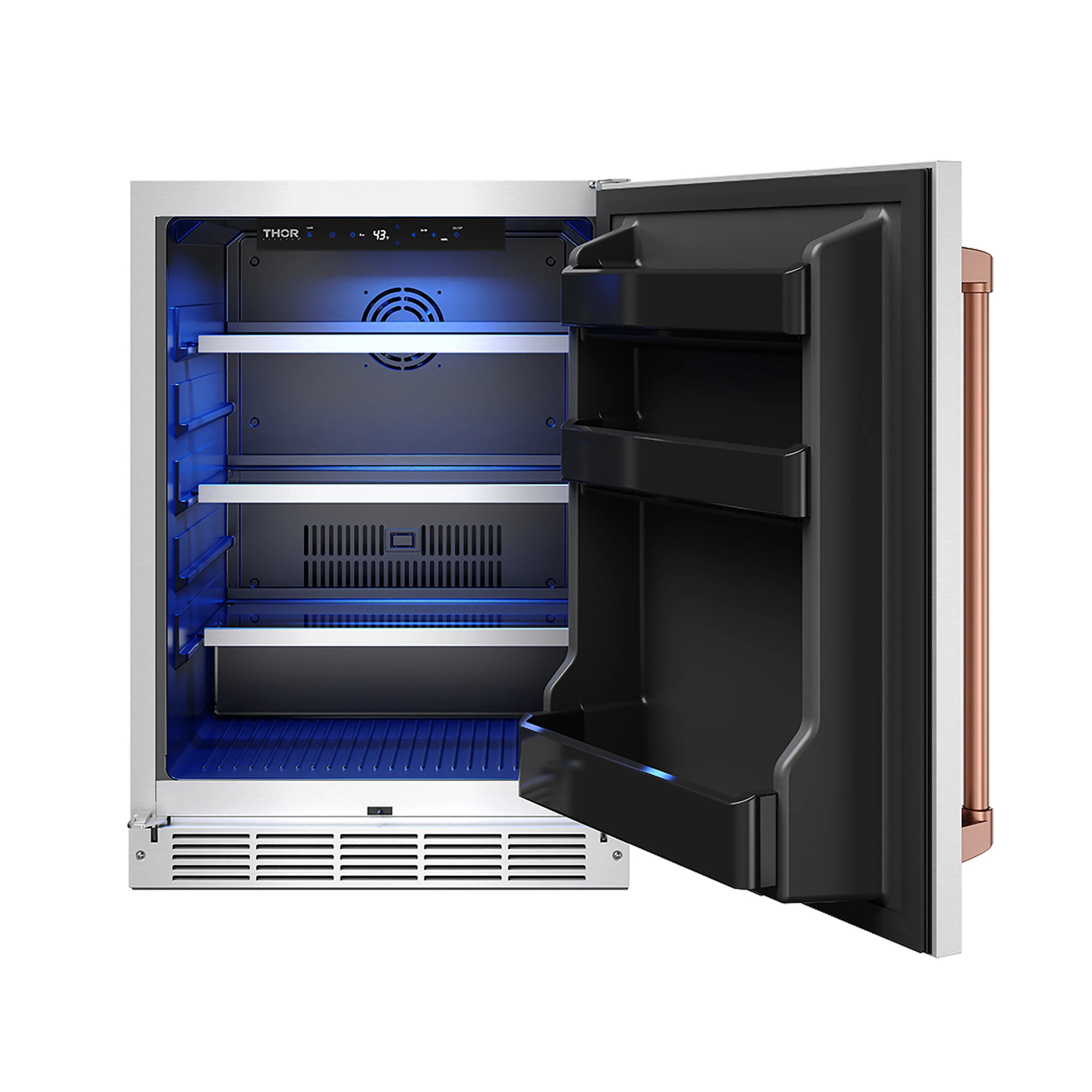 Outdoor beverage cooler with open door, black shelves and rose gold handle
