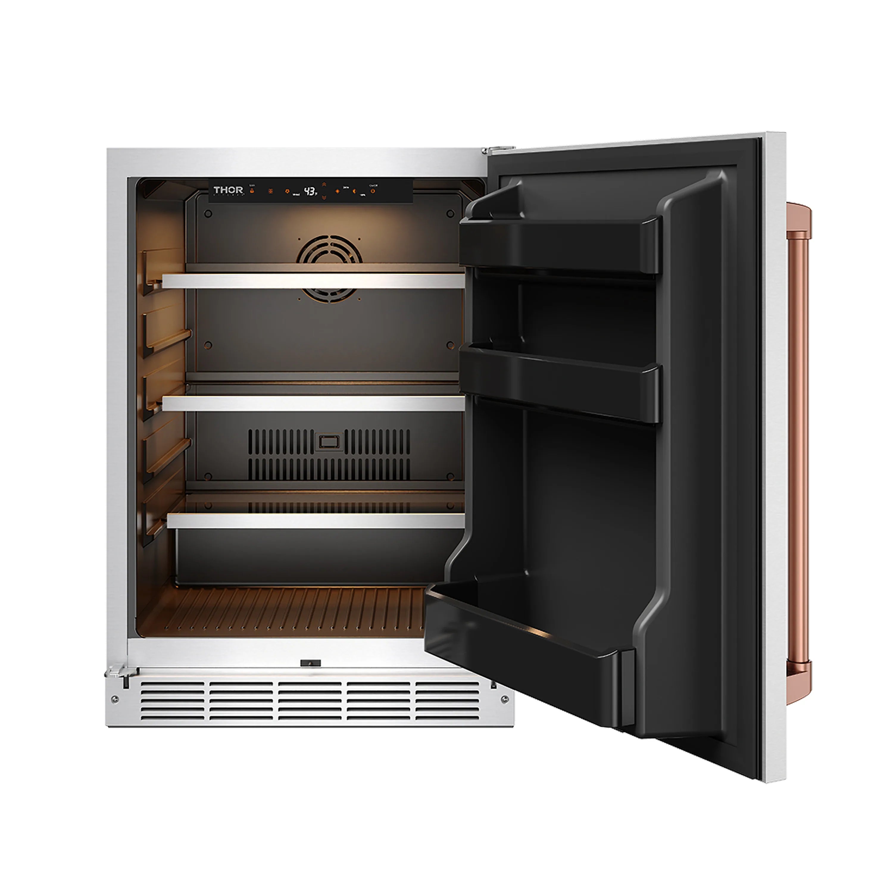 Outdoor beverage cooler with open door, black shelves with wood-toned floor, rose gold handle