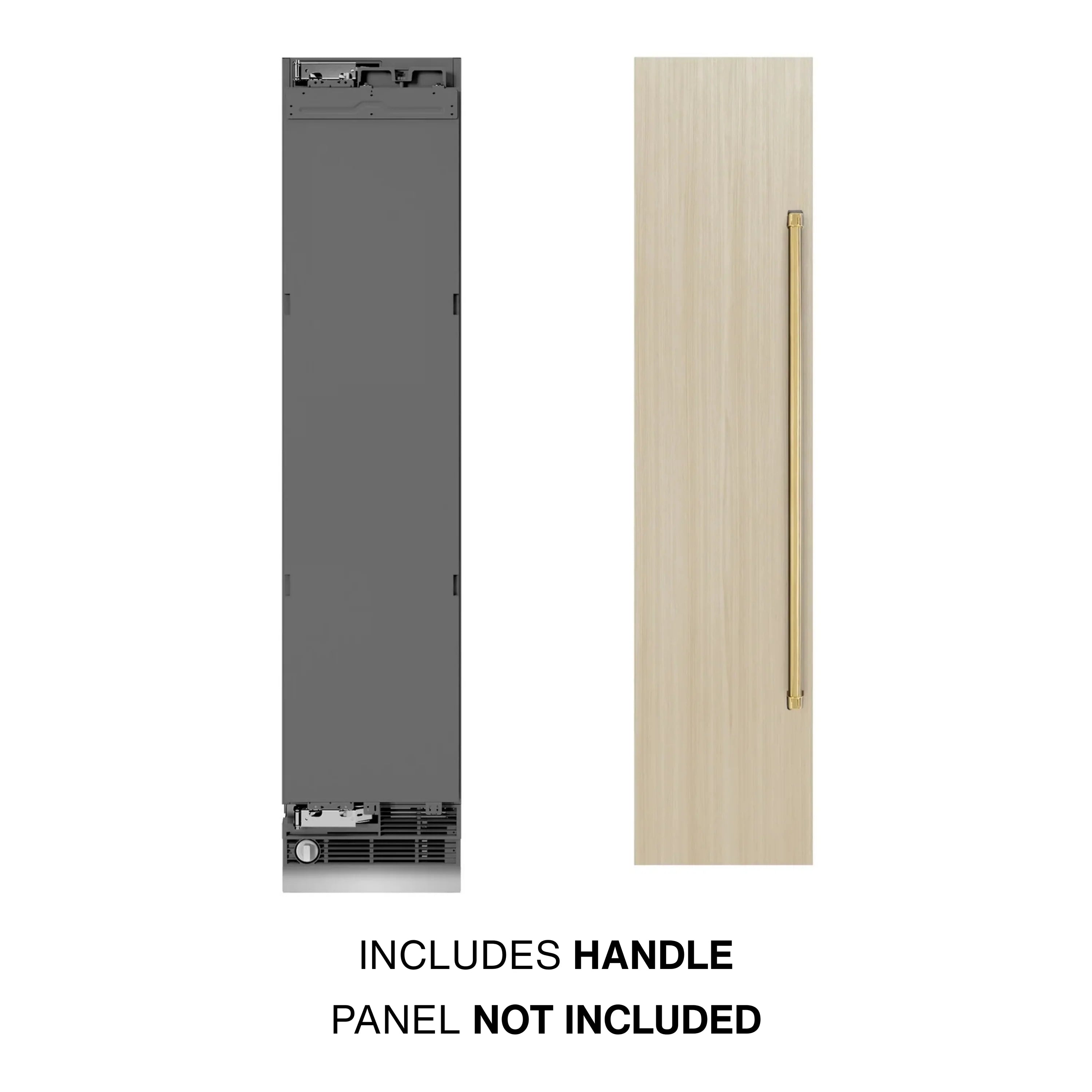 Panel-ready freezer next to wood door panel; includes handle, panel not included