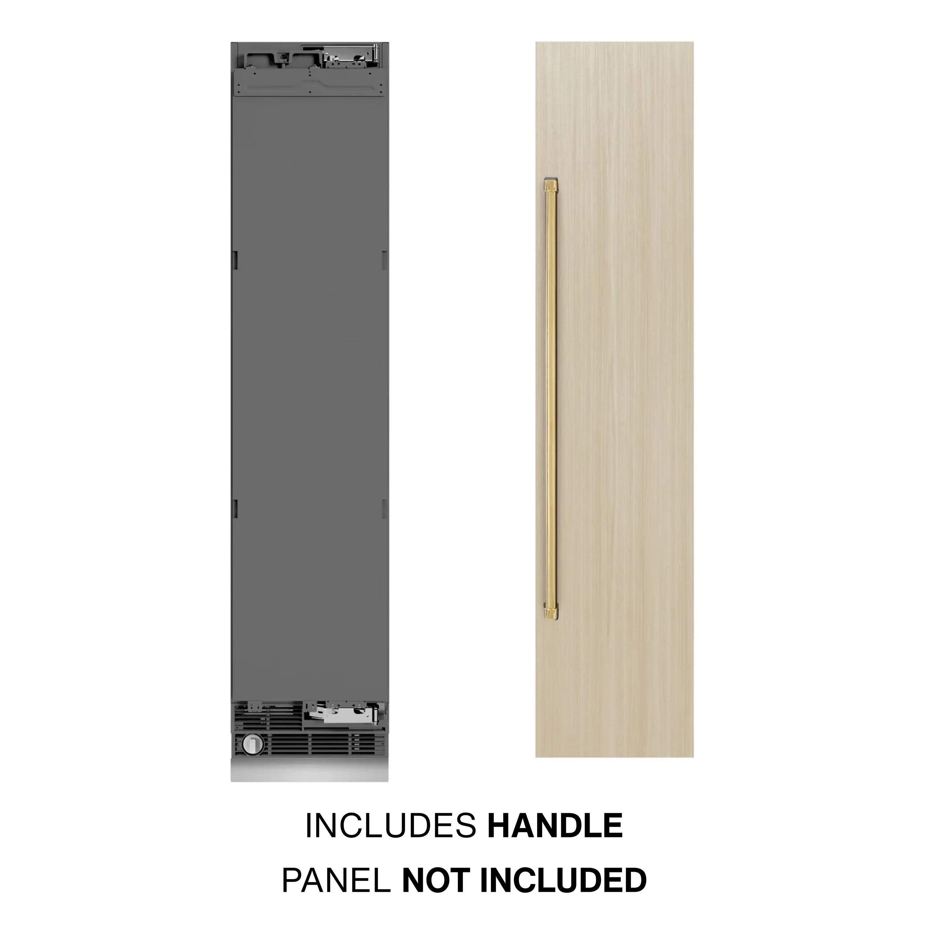 Panel-ready column freezer with included polished gold handle and separate wood panel