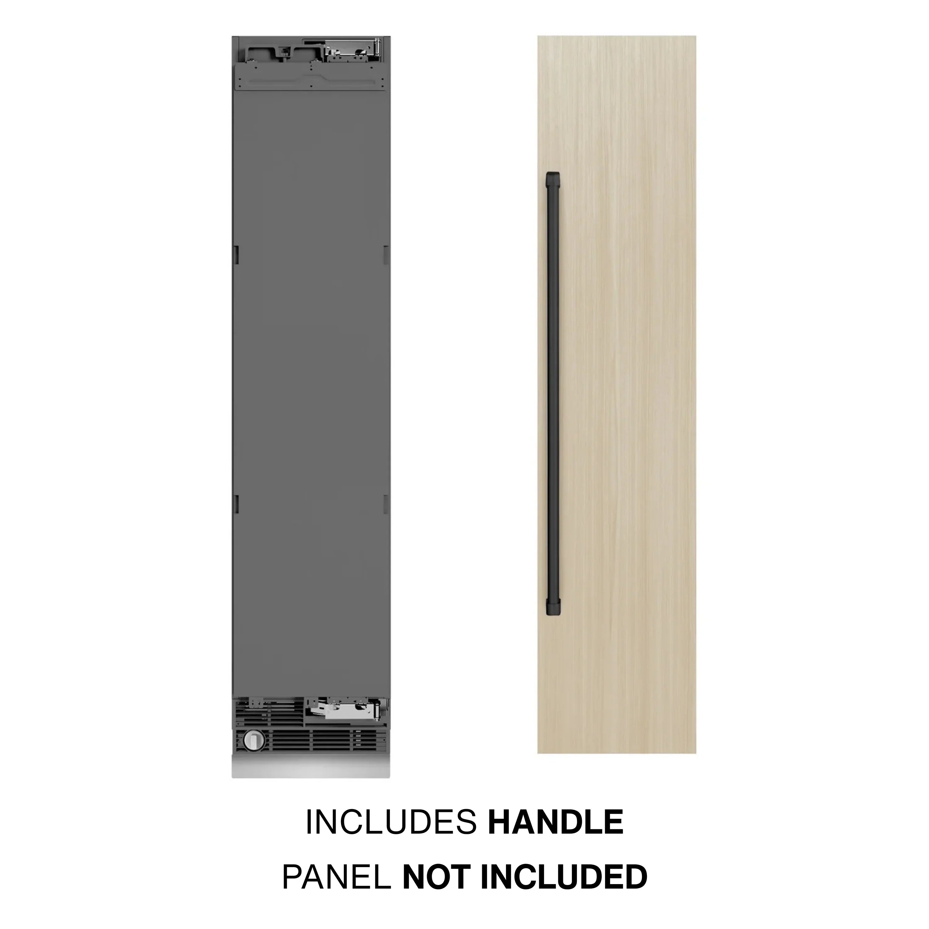 Panel-ready column freezer includes handle; wood panel not included, right-hinge