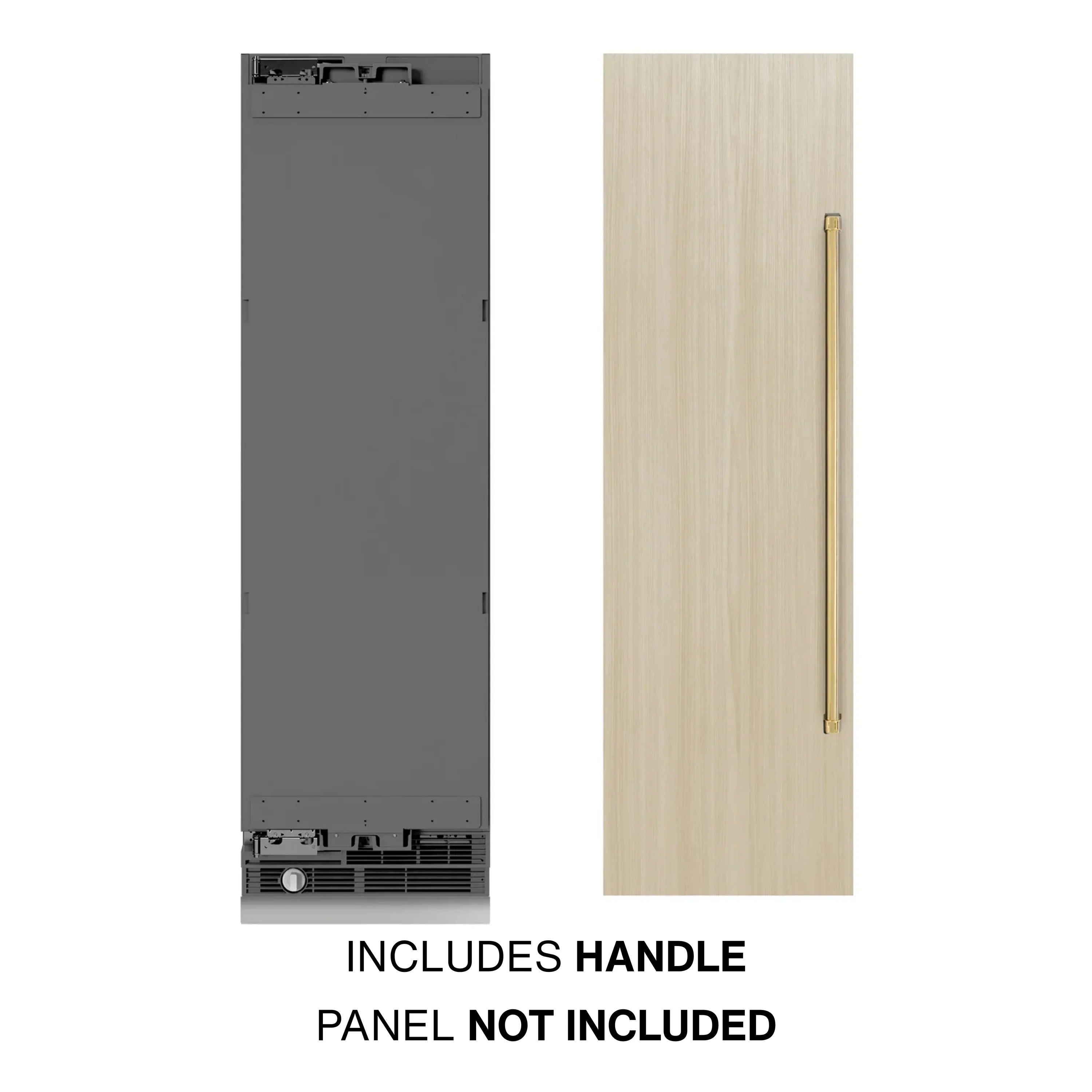 Panel-ready column freezer with graphite gray door, gold handle, shown beside wood panel