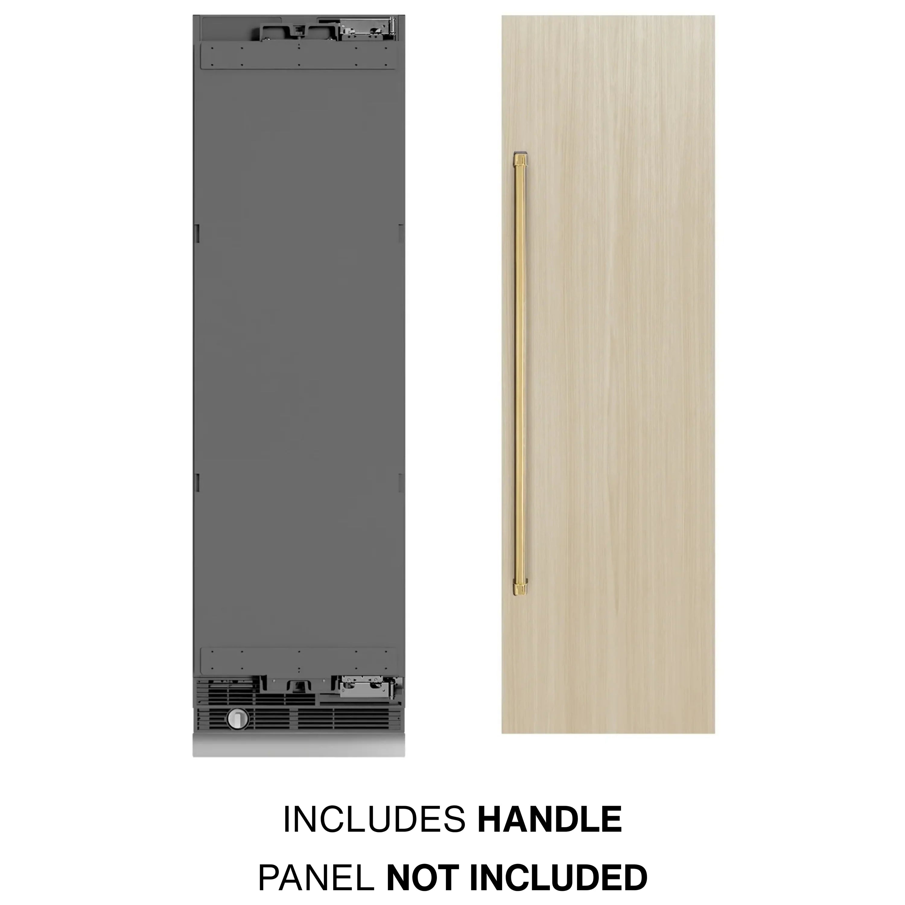 Panel-ready column refrigerator with graphite gray interior and polished gold vertical handle