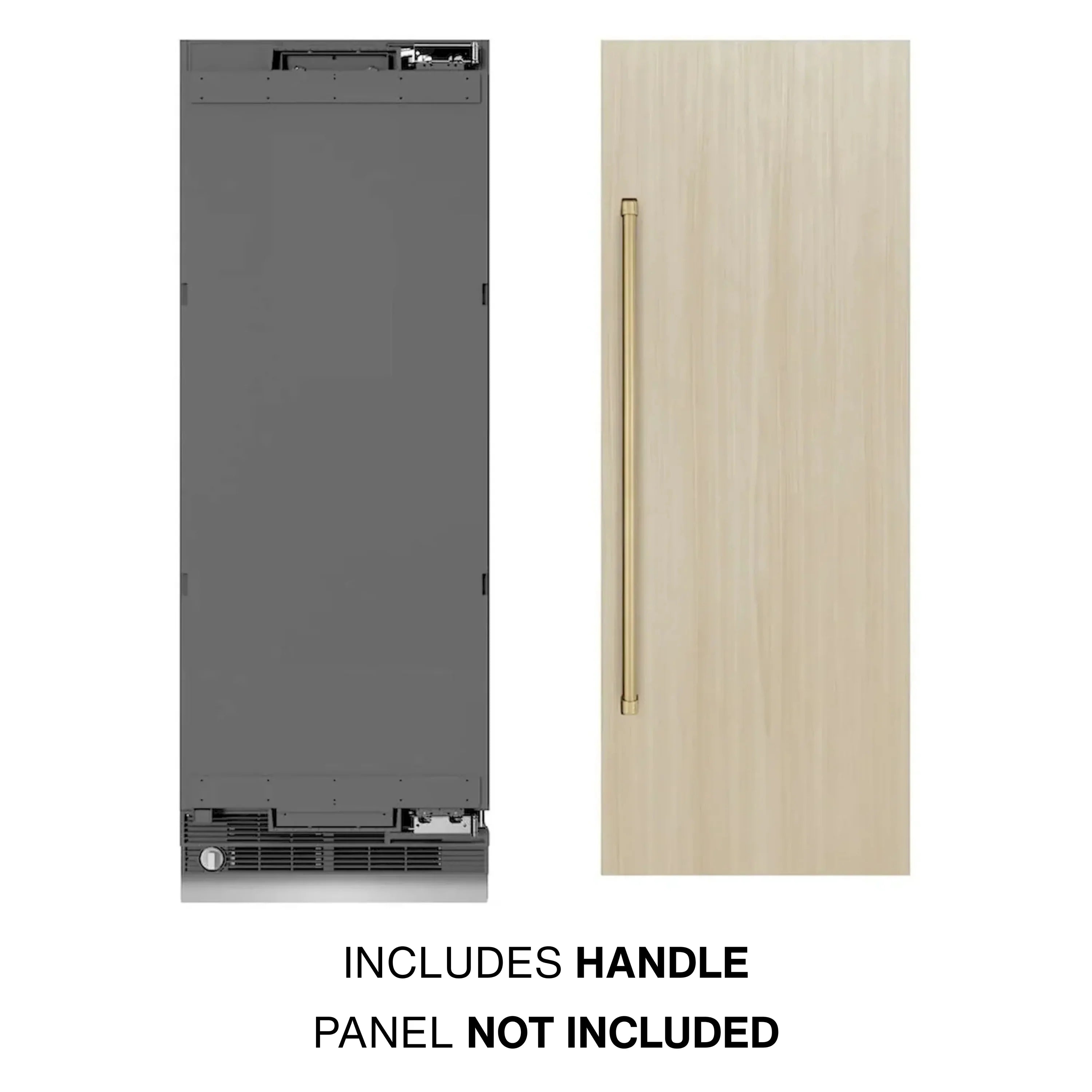 Panel-ready column refrigerator, graphite gray cabinet with champagne bronze handle and panel