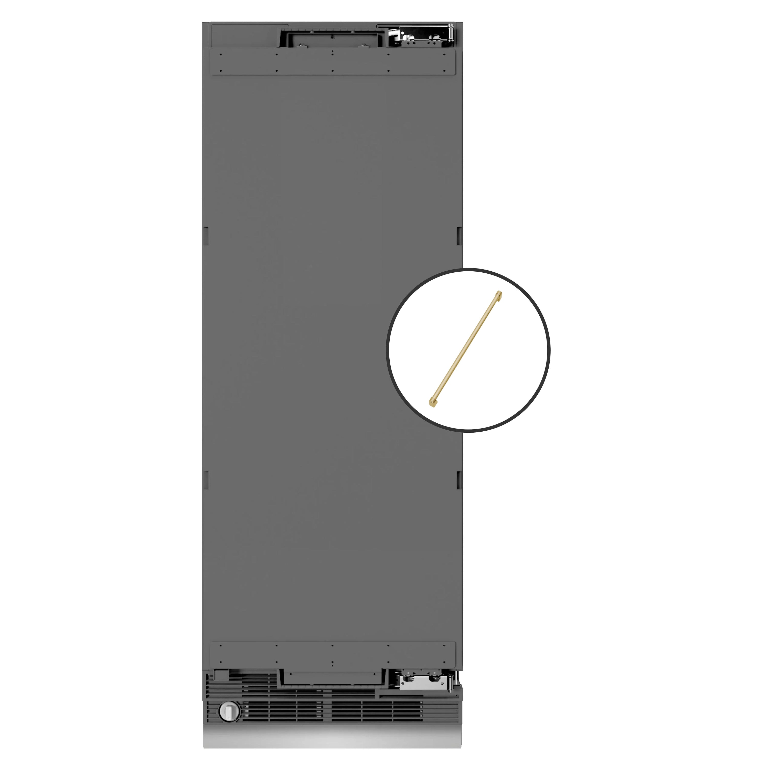 Bottom view of panel-ready column refrigerator with inset gold handle detail