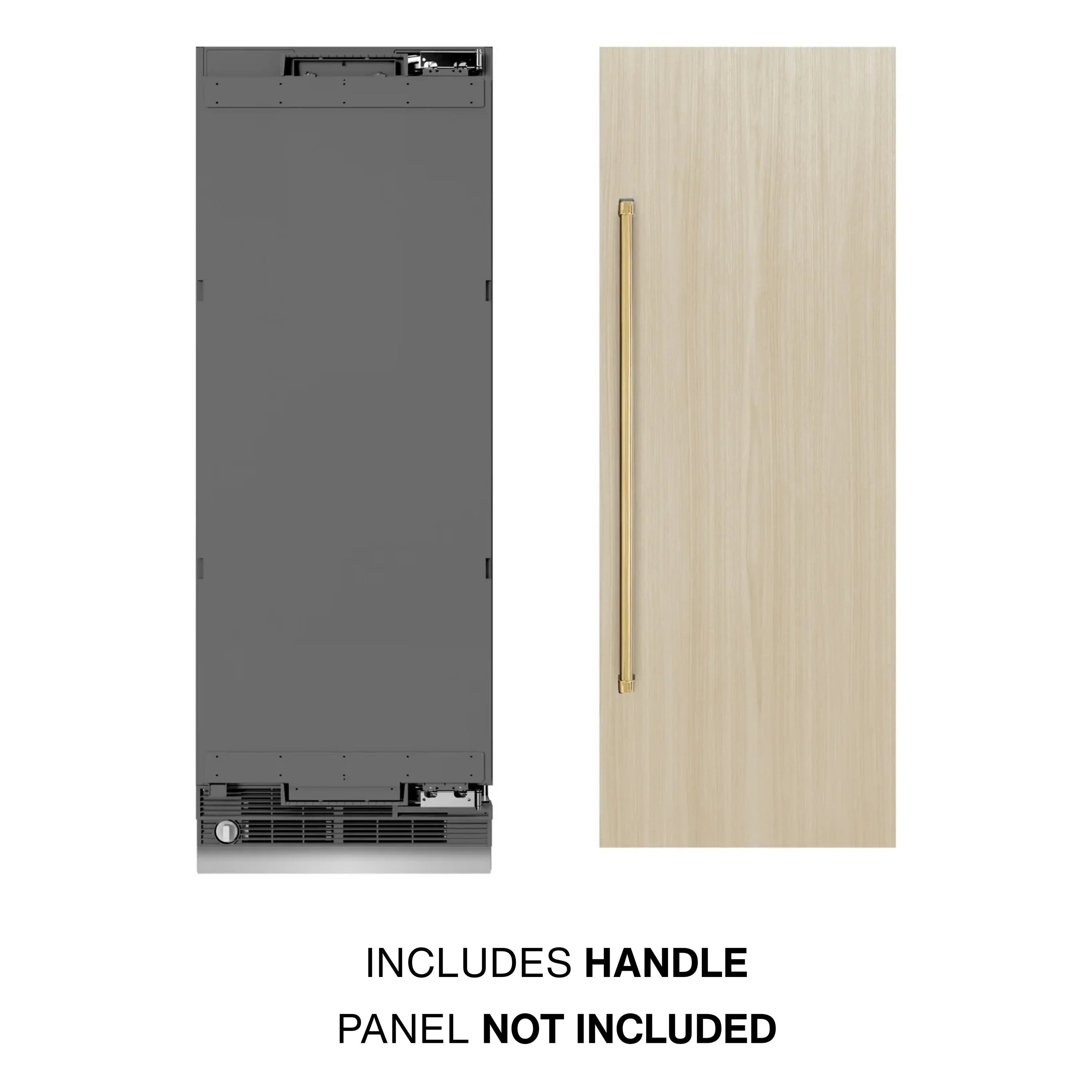 Panel-ready column refrigerator door with polished gold handle and blank front panel