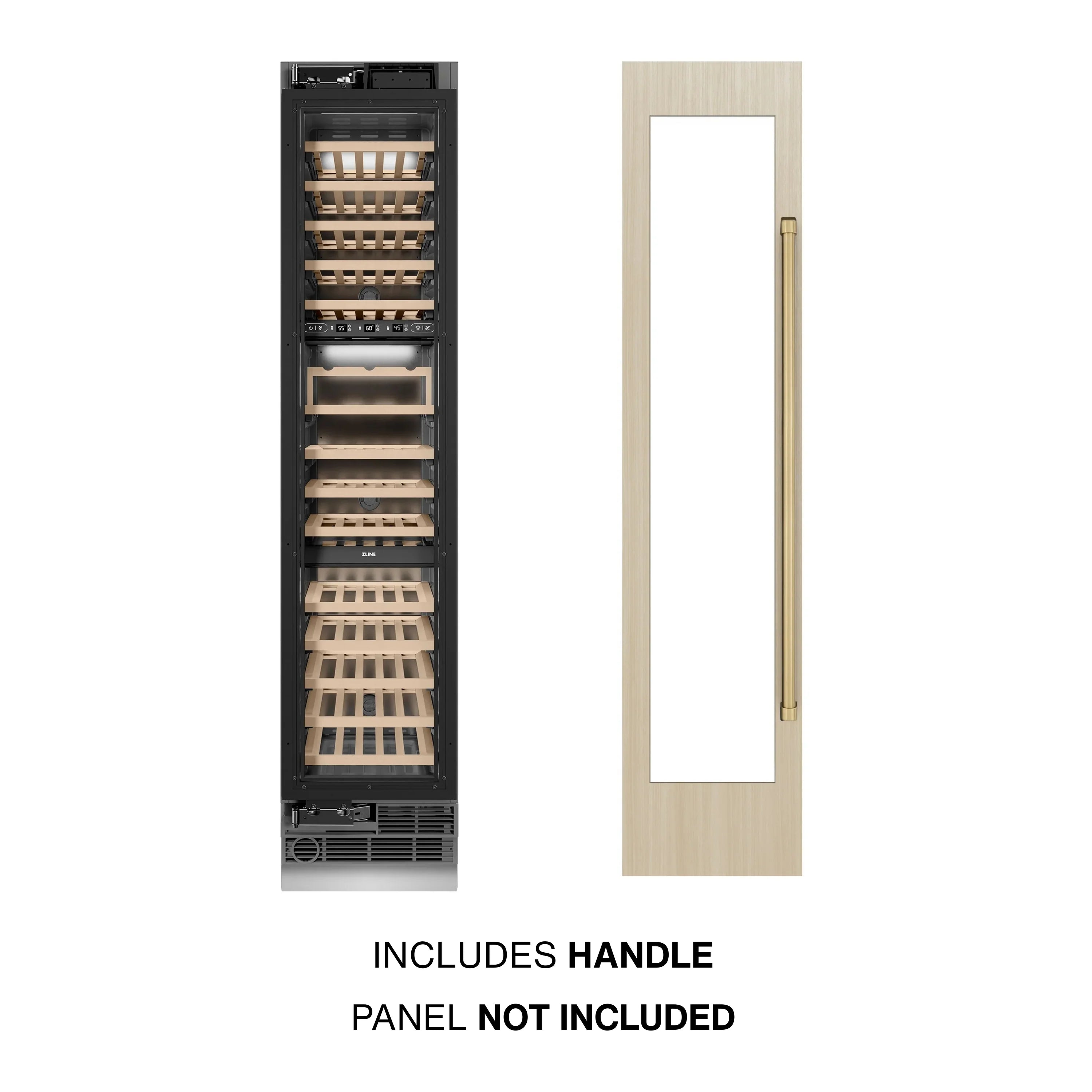 Black panel-ready wine cooler column with wood-tone racks; champagne bronze handle included