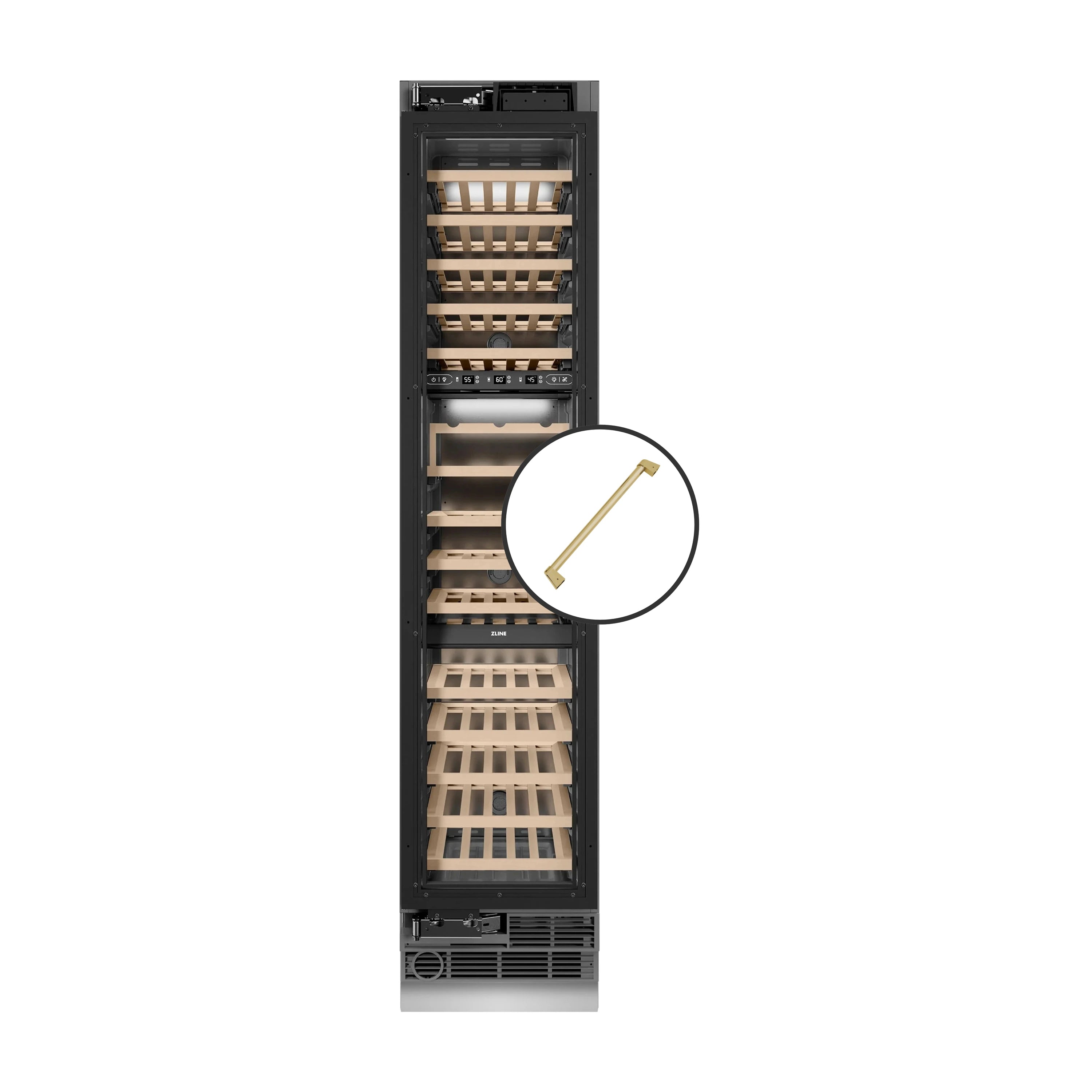 Black panel-ready wine cooler column with champagne bronze left-side handle accent