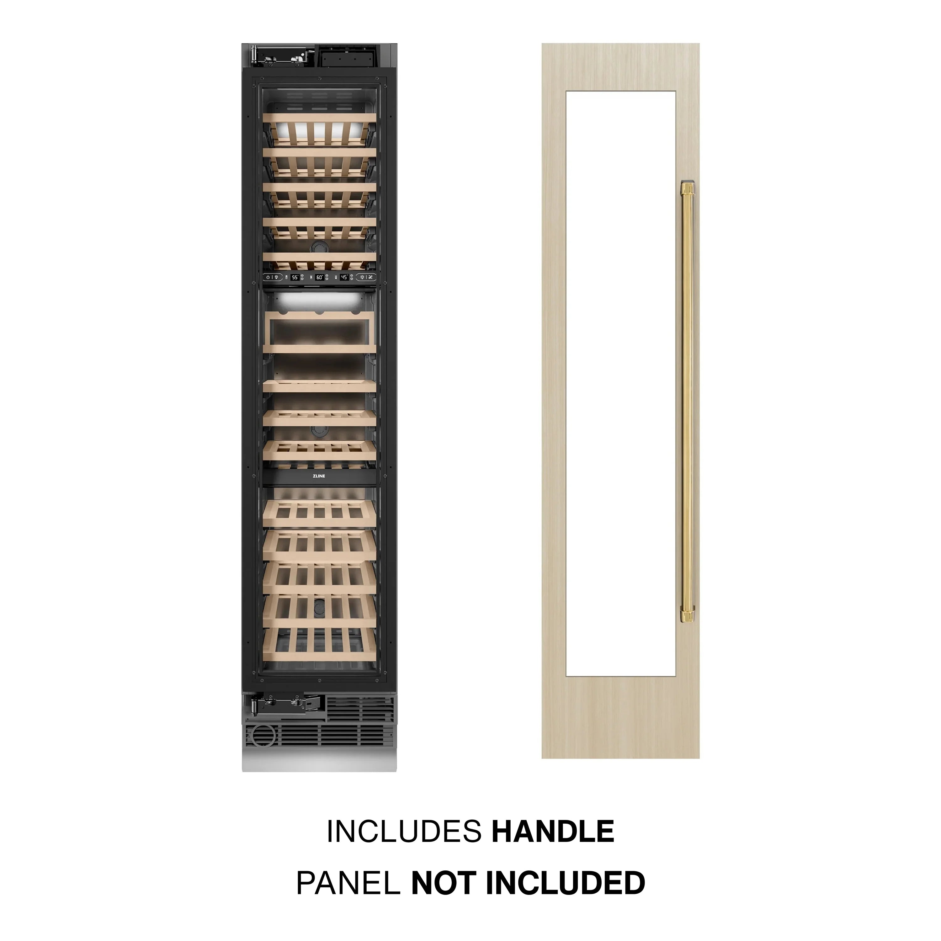 Panel-ready wine cooler column with shelves and polished gold handle, left-hinged