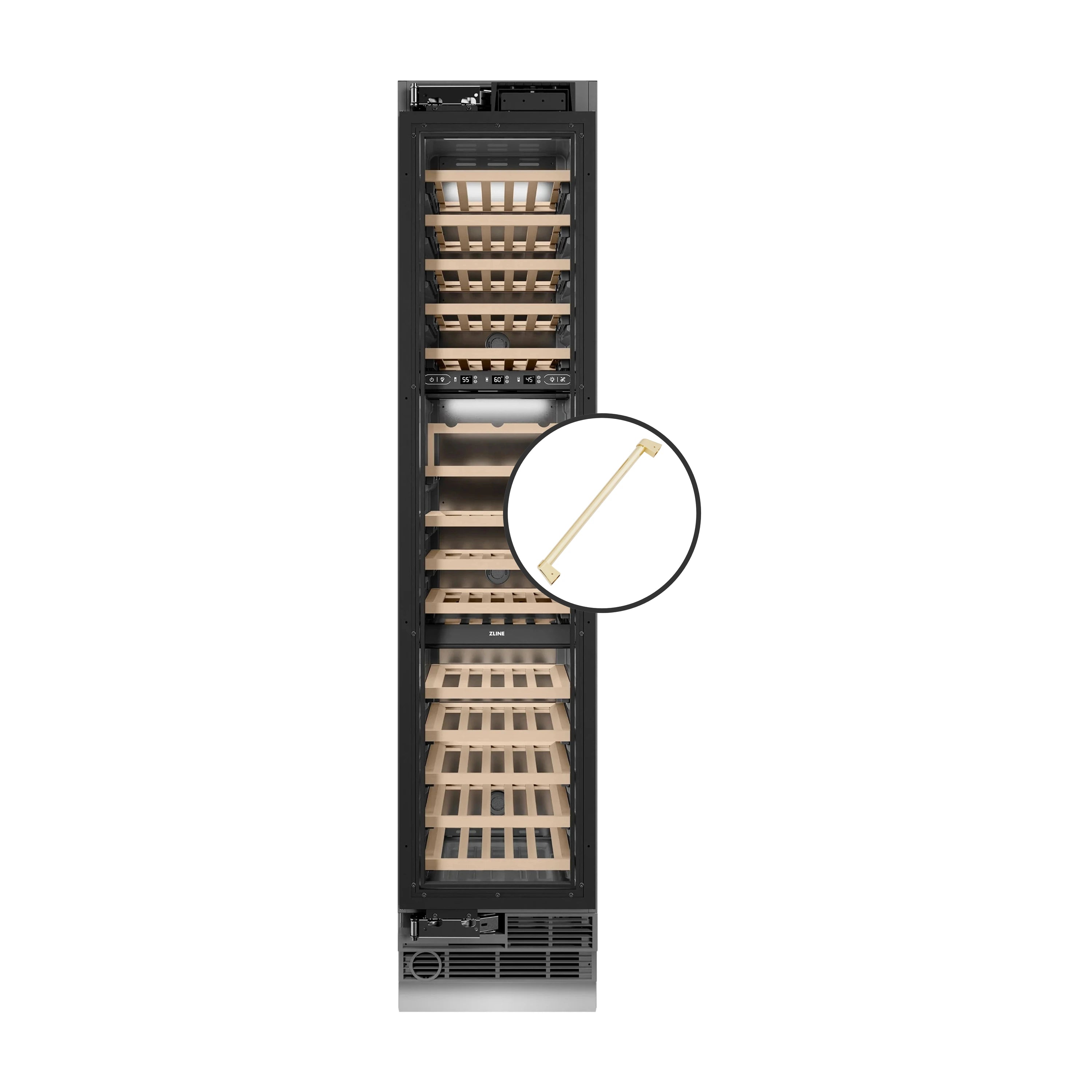 Wine cooler with open door, multi-zone pull-out racks, polished gold handle on left