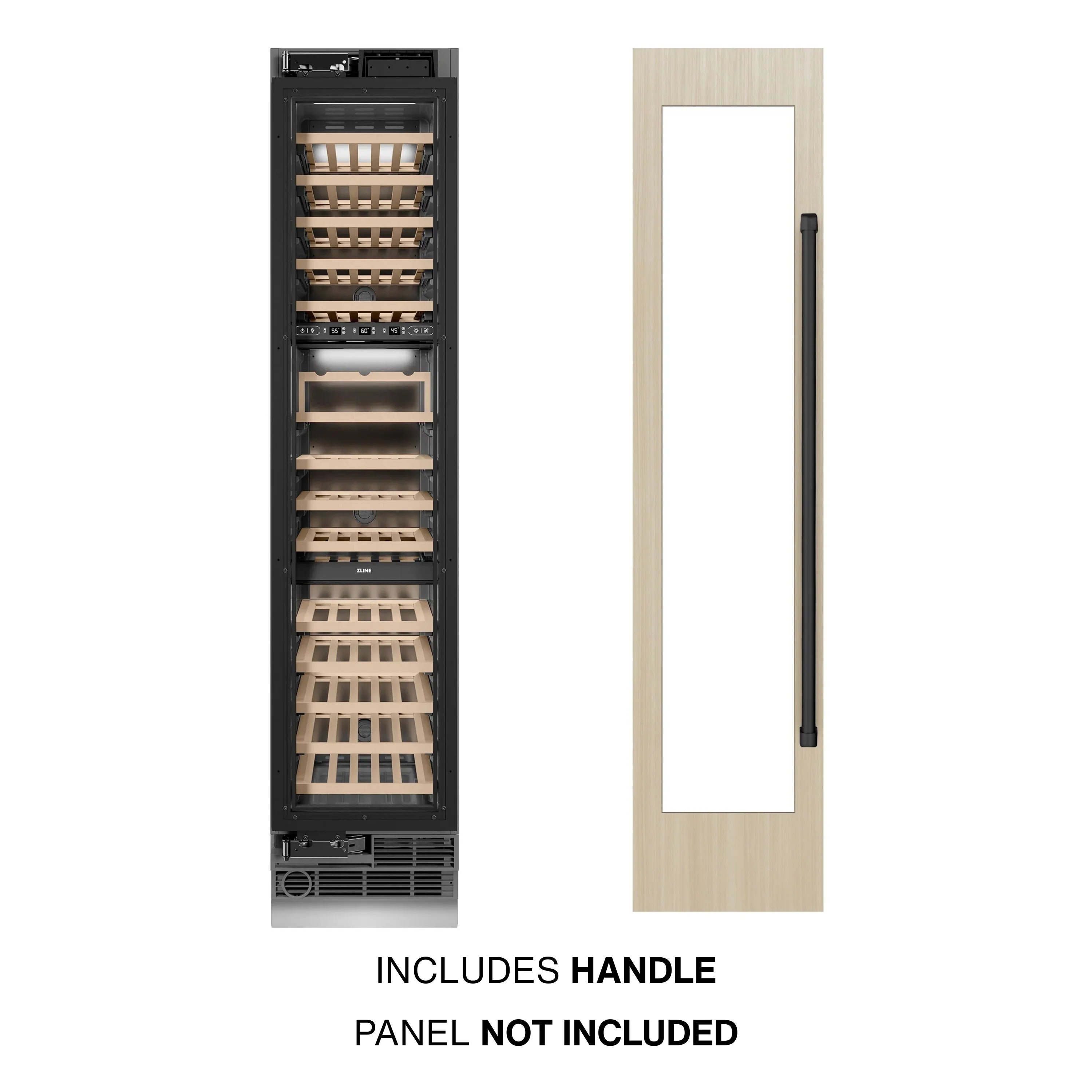 Panel-ready wine cooler with included handle; open door shows racks and bottle slots