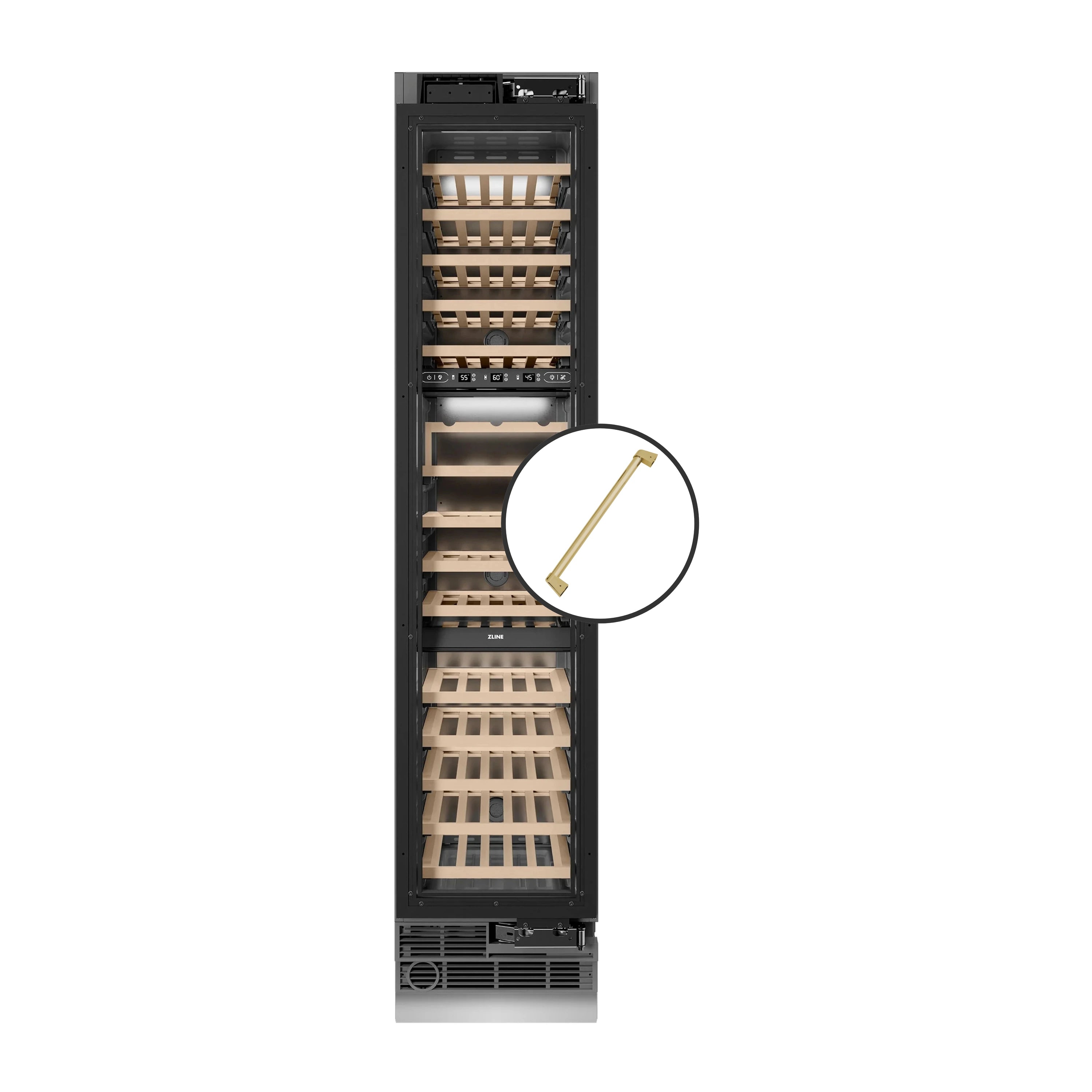 Black panel-ready wine cooler with champagne bronze handle and wine rack interior