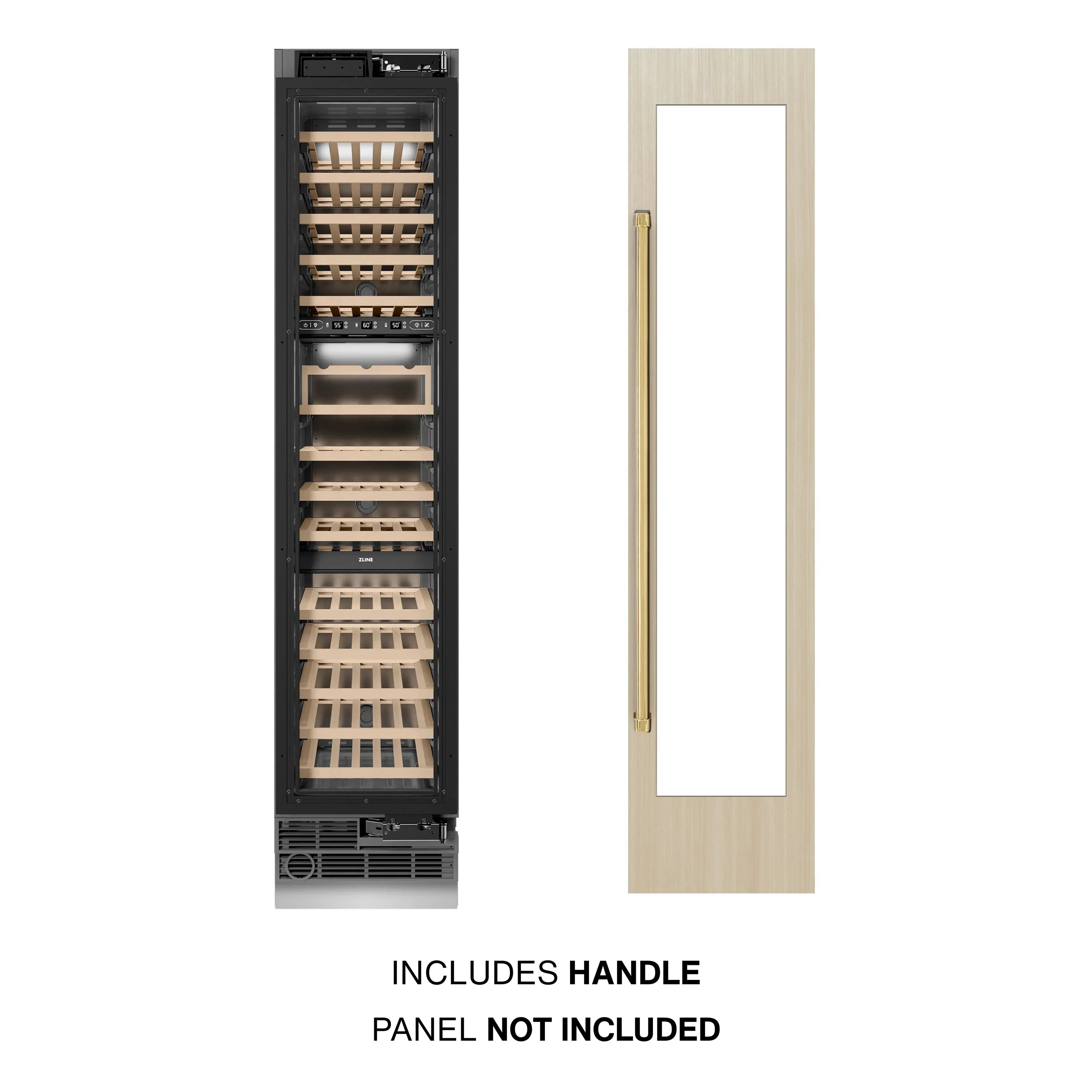 Panel-ready wine cooler column with handle; includes light wood door panel insert