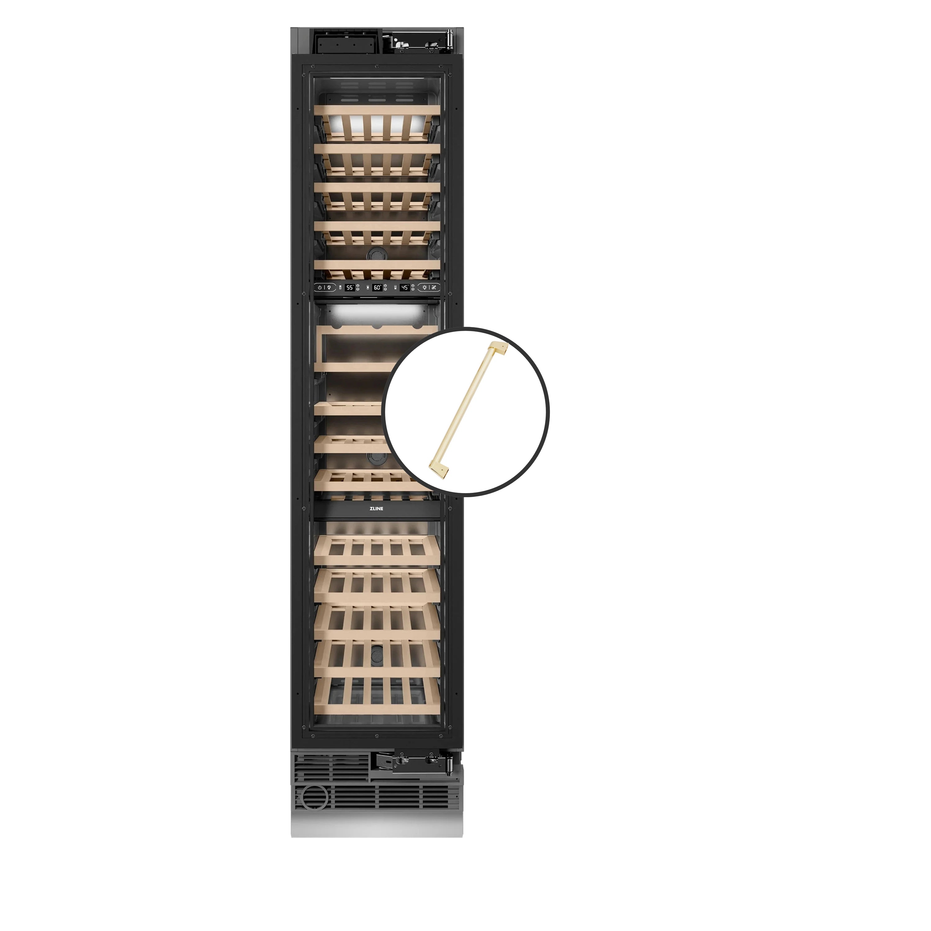 Panel-ready wine cooler column with gold handle detail and stacked bottle racks
