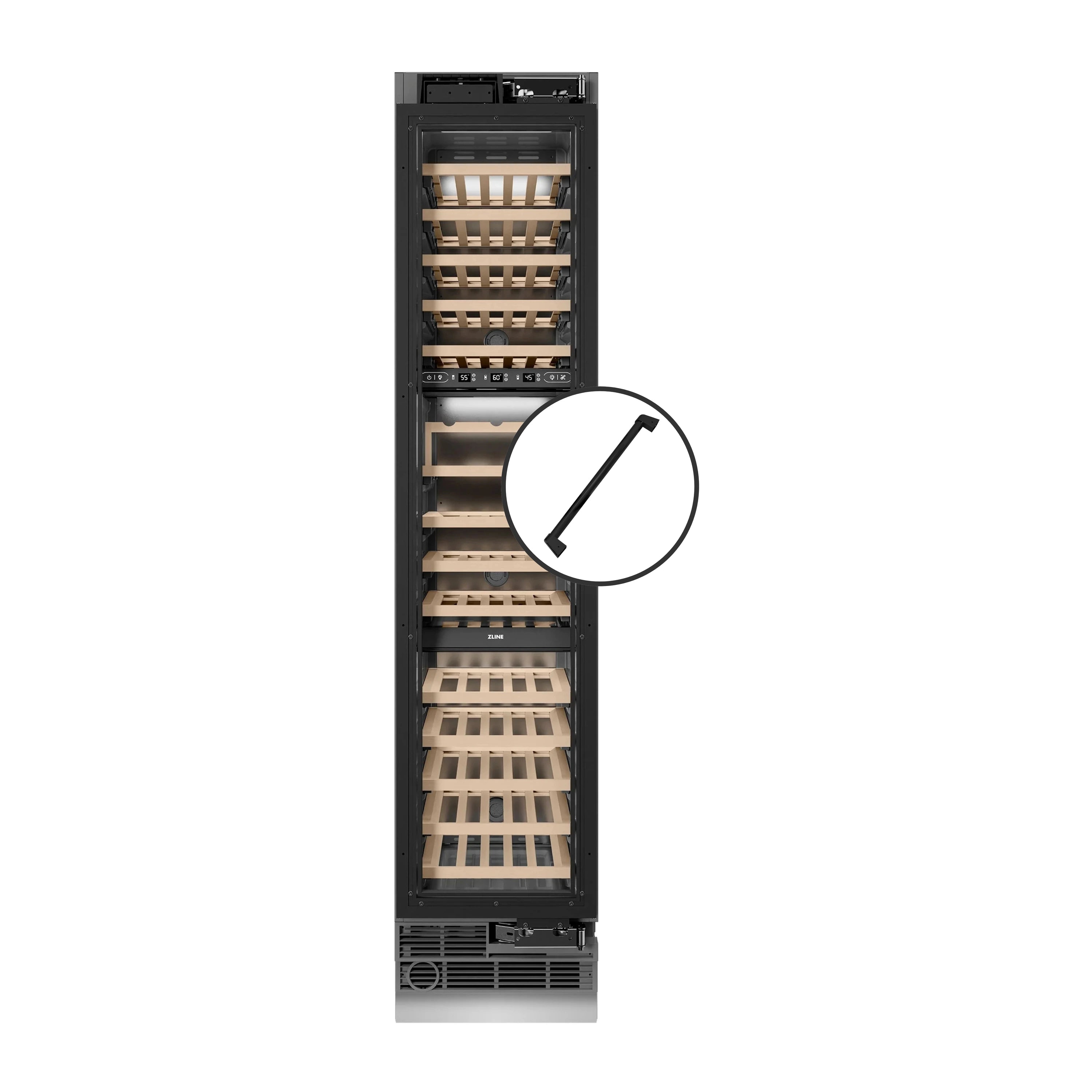 Open wine cooler showing interior racks with handle on right side