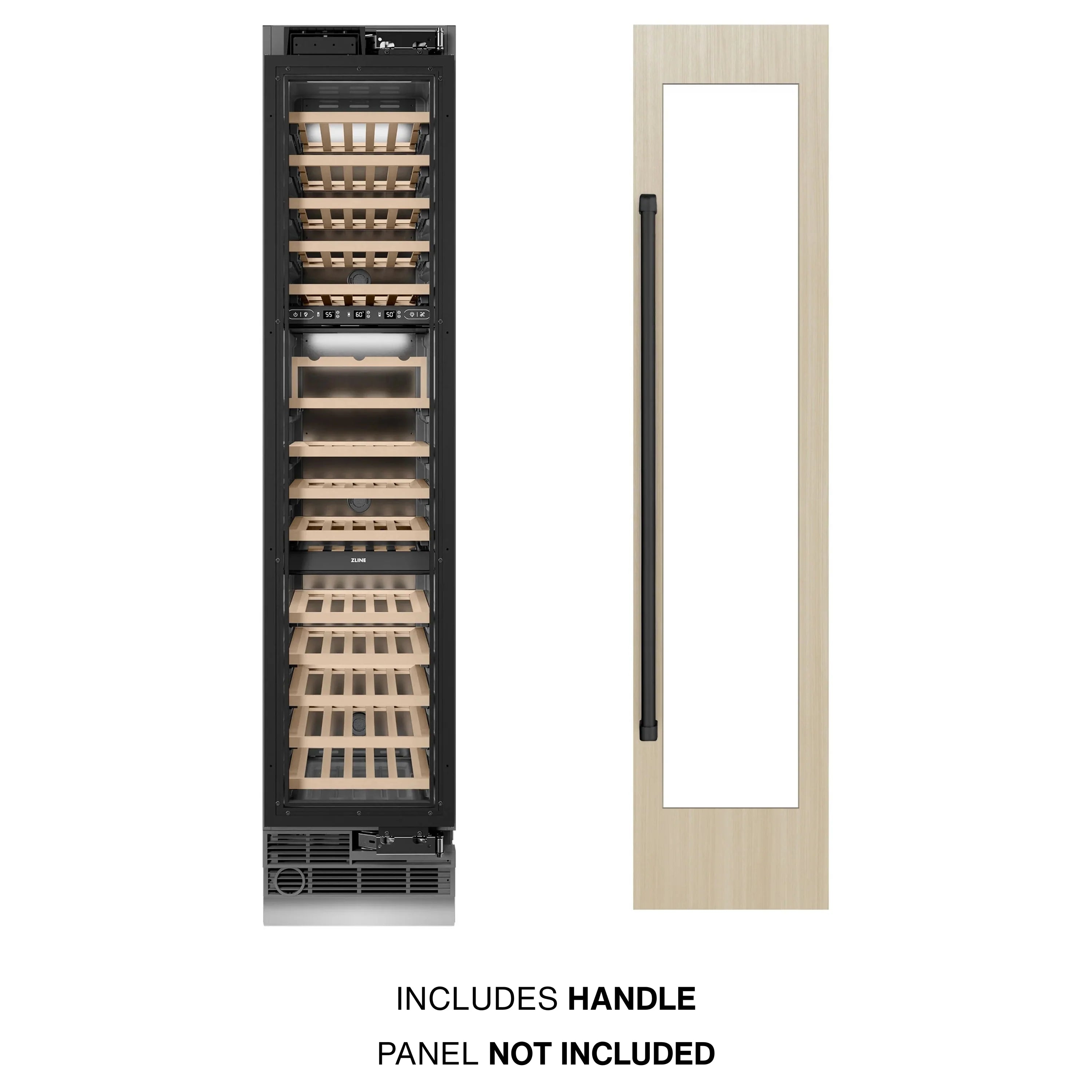 Panel-ready wine cooler with birch door frame and included handle, open interior racks