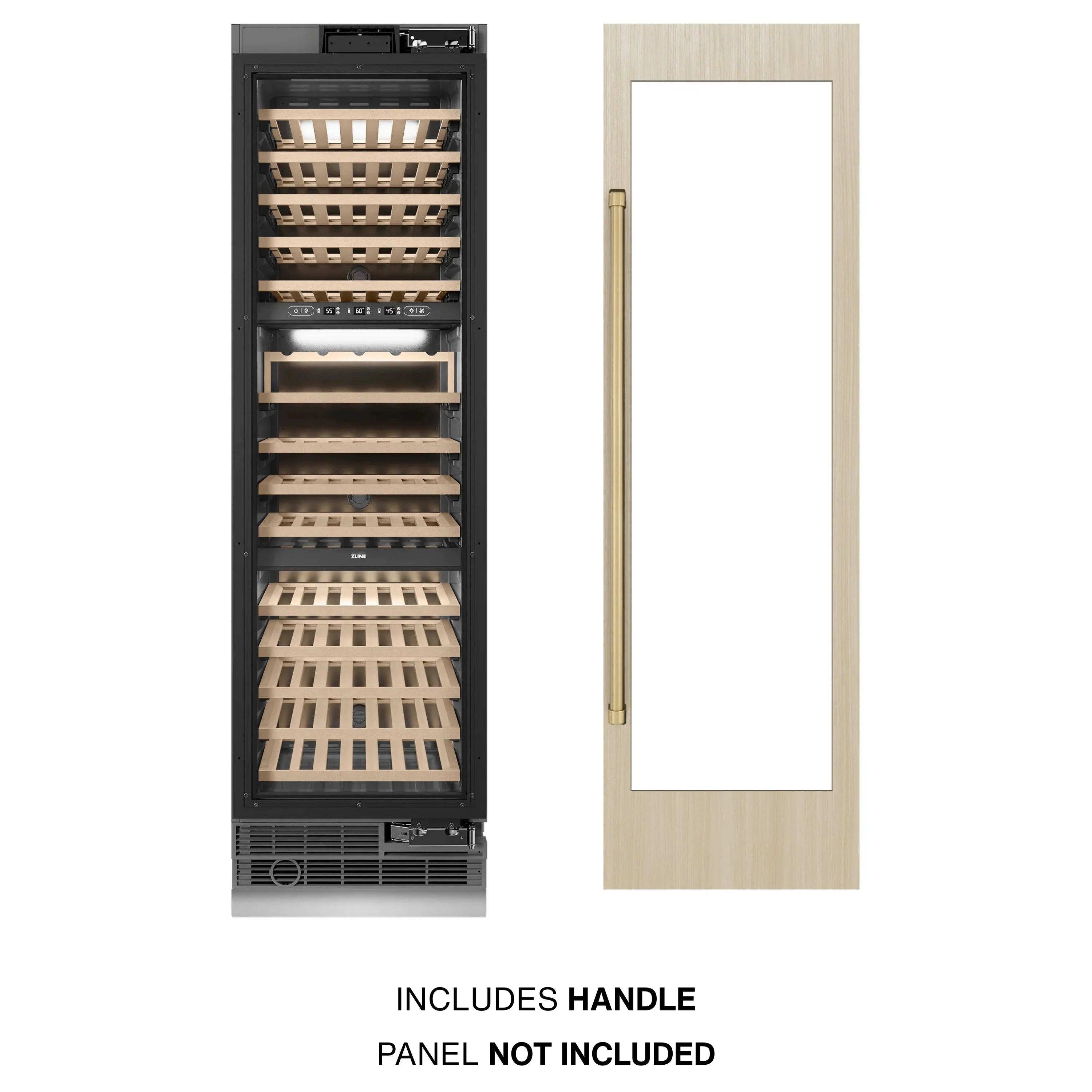 Panel-ready wine cooler with built-in handle, front door open to show wooden racks