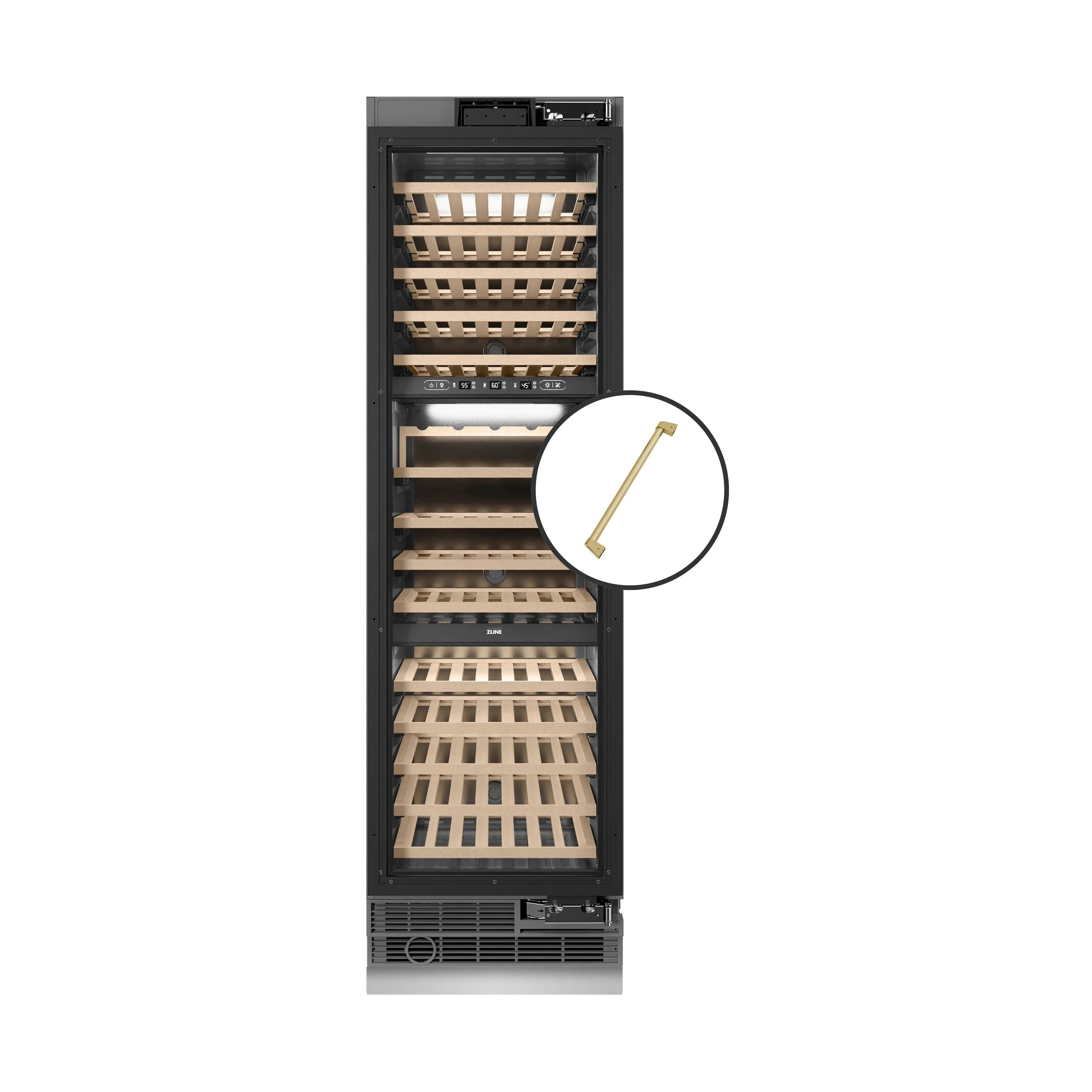 Panel-ready wine cooler door handle detail with front view of bottle storage racks