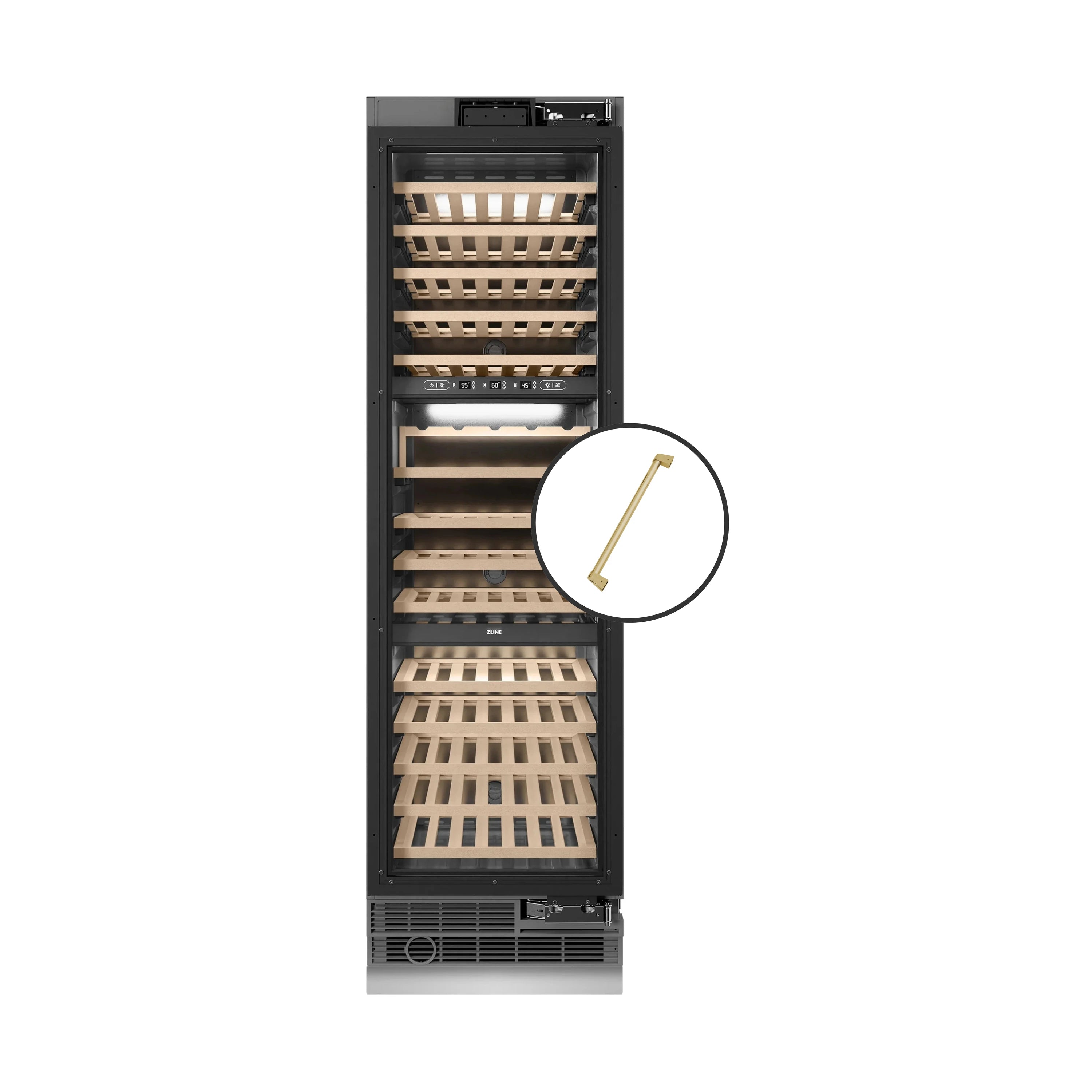 Panel-ready wine cooler with included door handle, highlighted by zoom icon