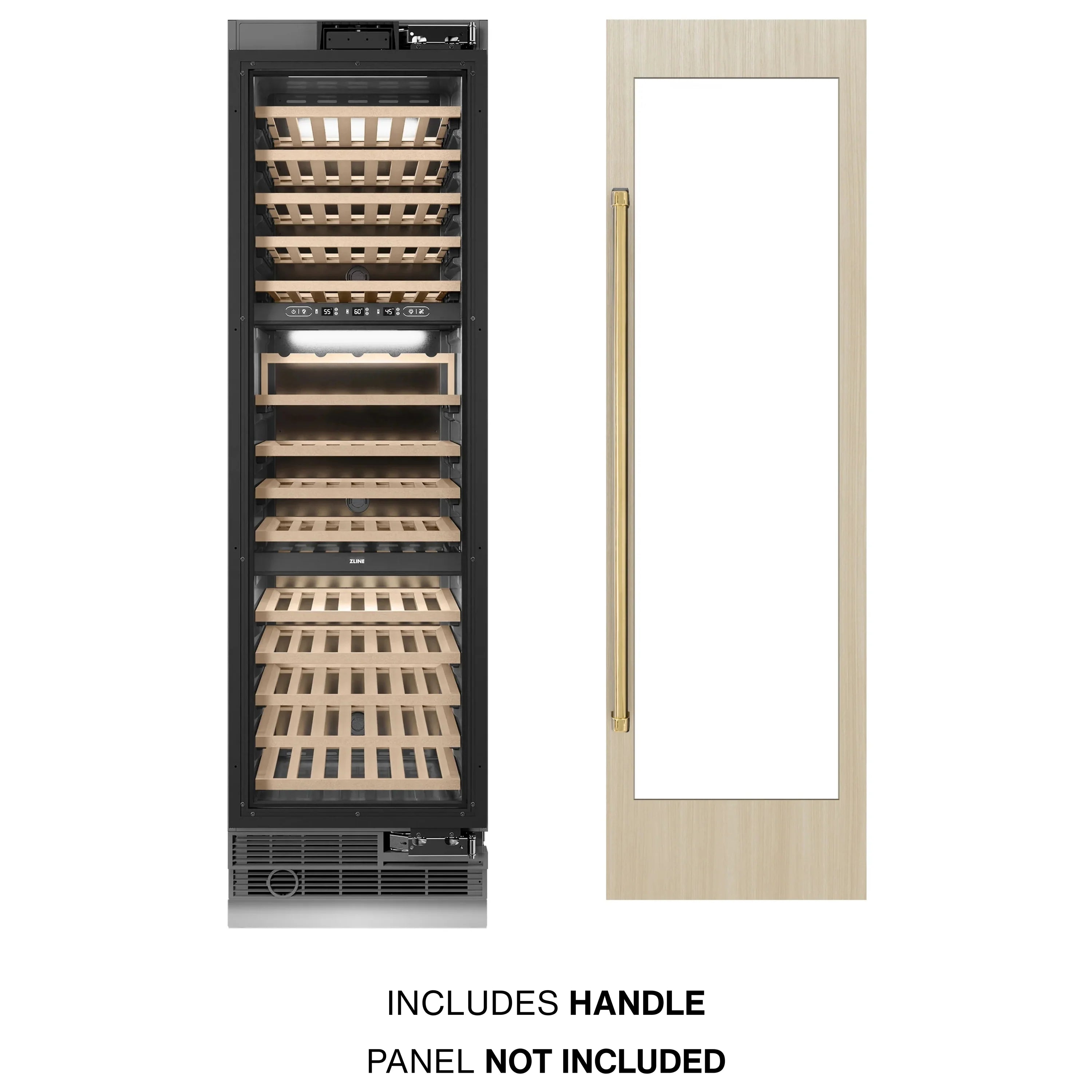 Panel-ready wine cooler with included handle; door panel opening shown (panel not included)
