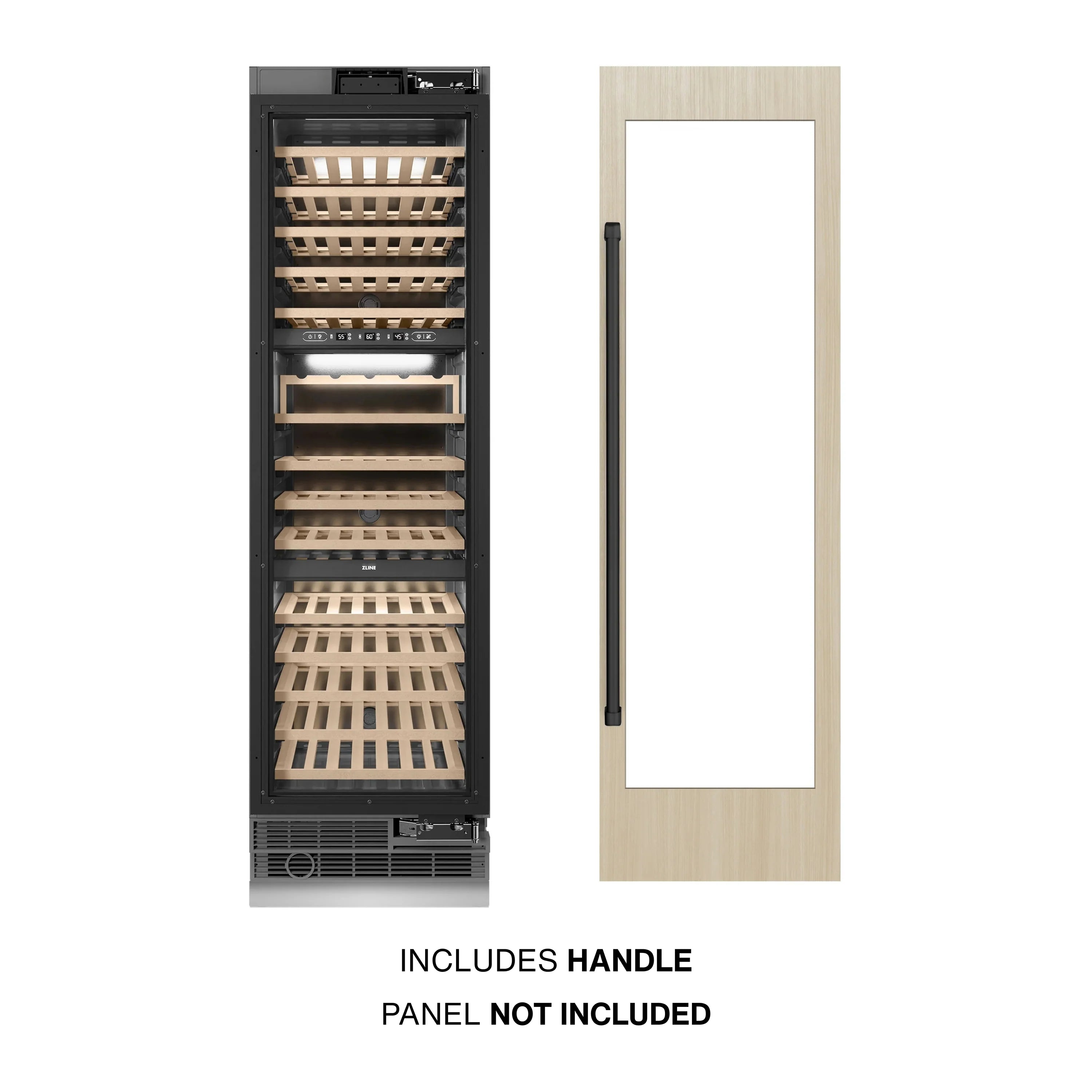 Panel-ready matte black wine cooler cabinet with bottle shelves and included pull handle