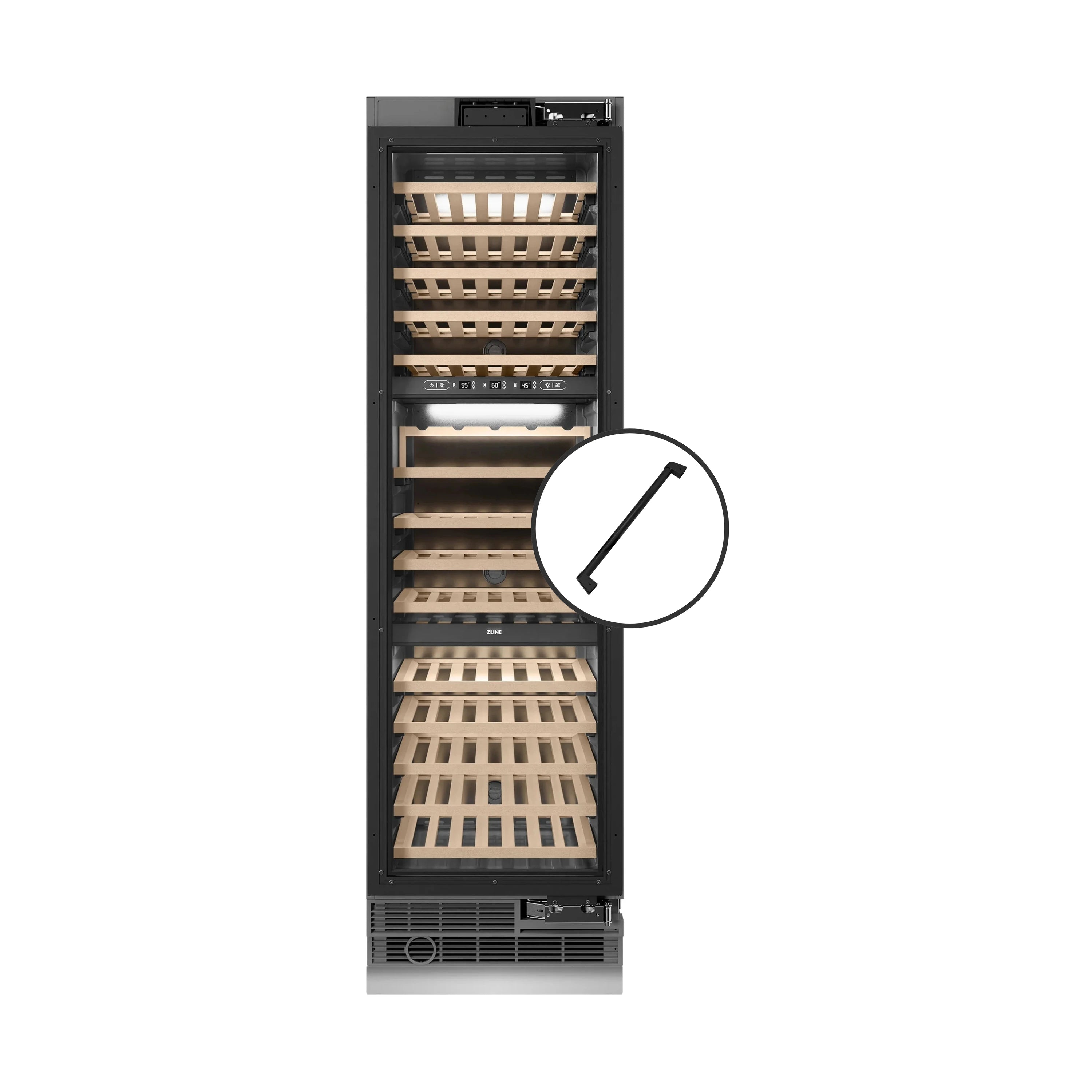 Panel-ready matte black wine cooler with front access to multi-shelf bottle storage