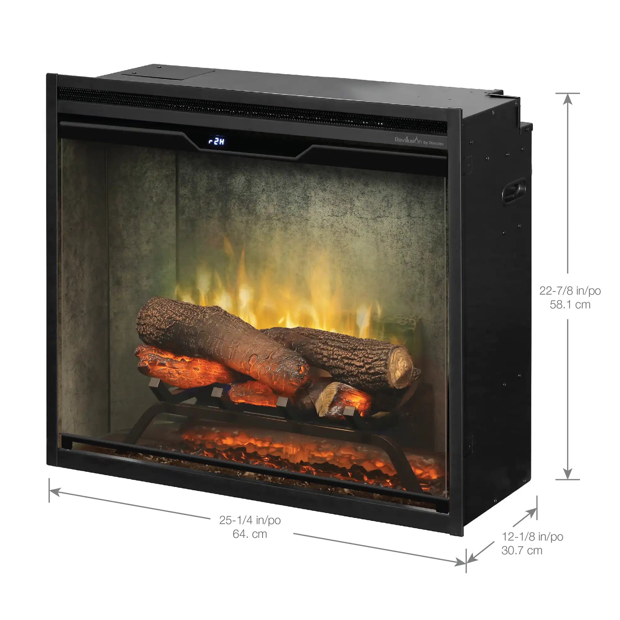Electric fireplace insert shown with flame display and black metal surround