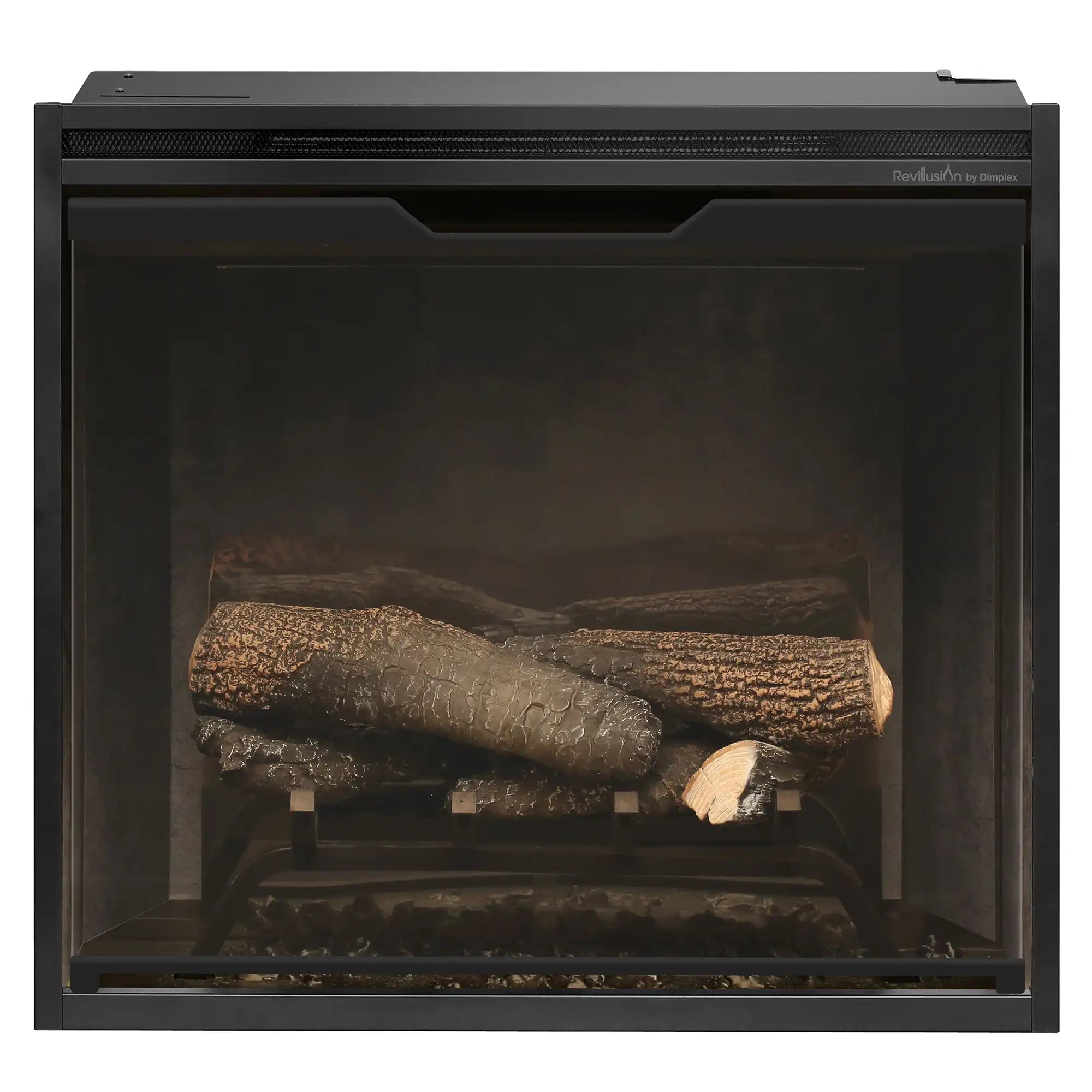 Electric fireplace insert front with logs behind dark tempered glass