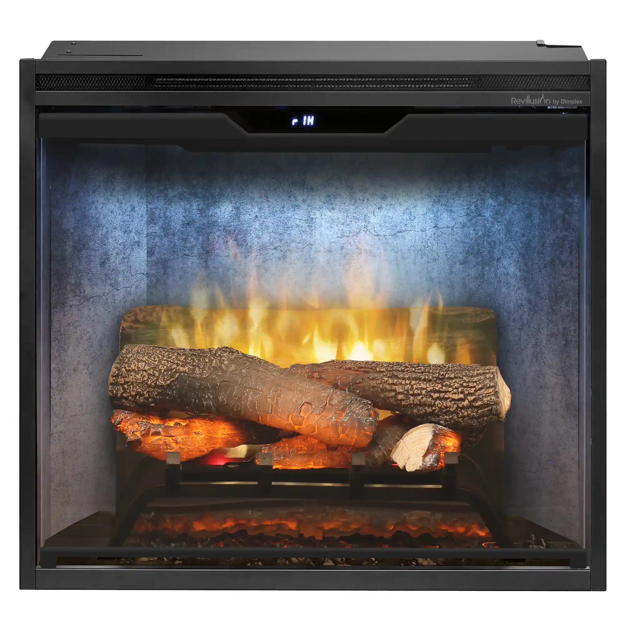 Electric fireplace insert with tempered glass front showing orange flames and glowing logs