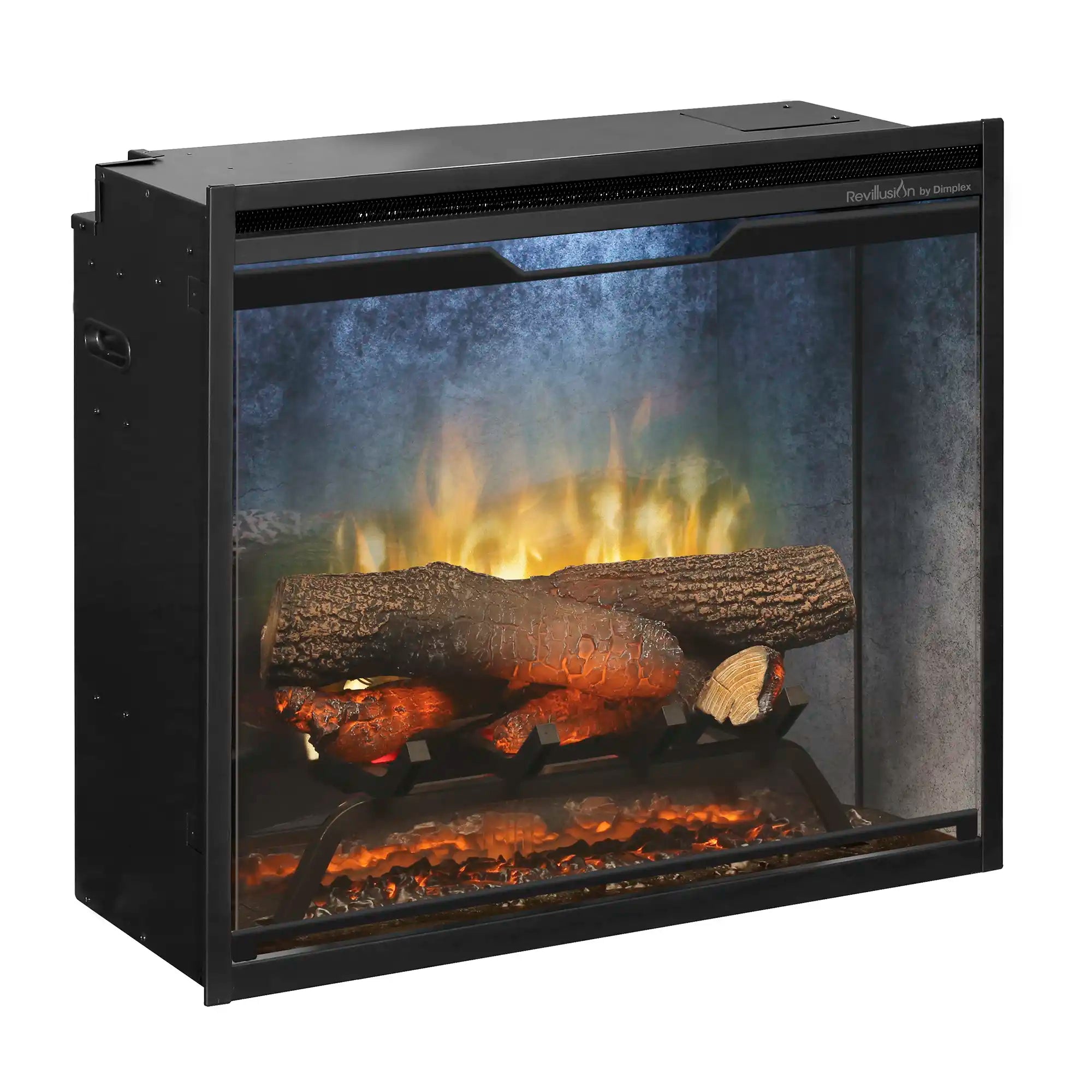 Electric fireplace insert angled view with tempered glass and illuminated log set