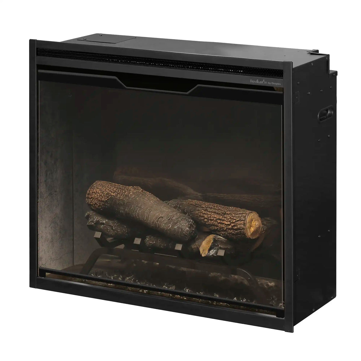 Electric fireplace insert side view with dark tempered glass and realistic log display