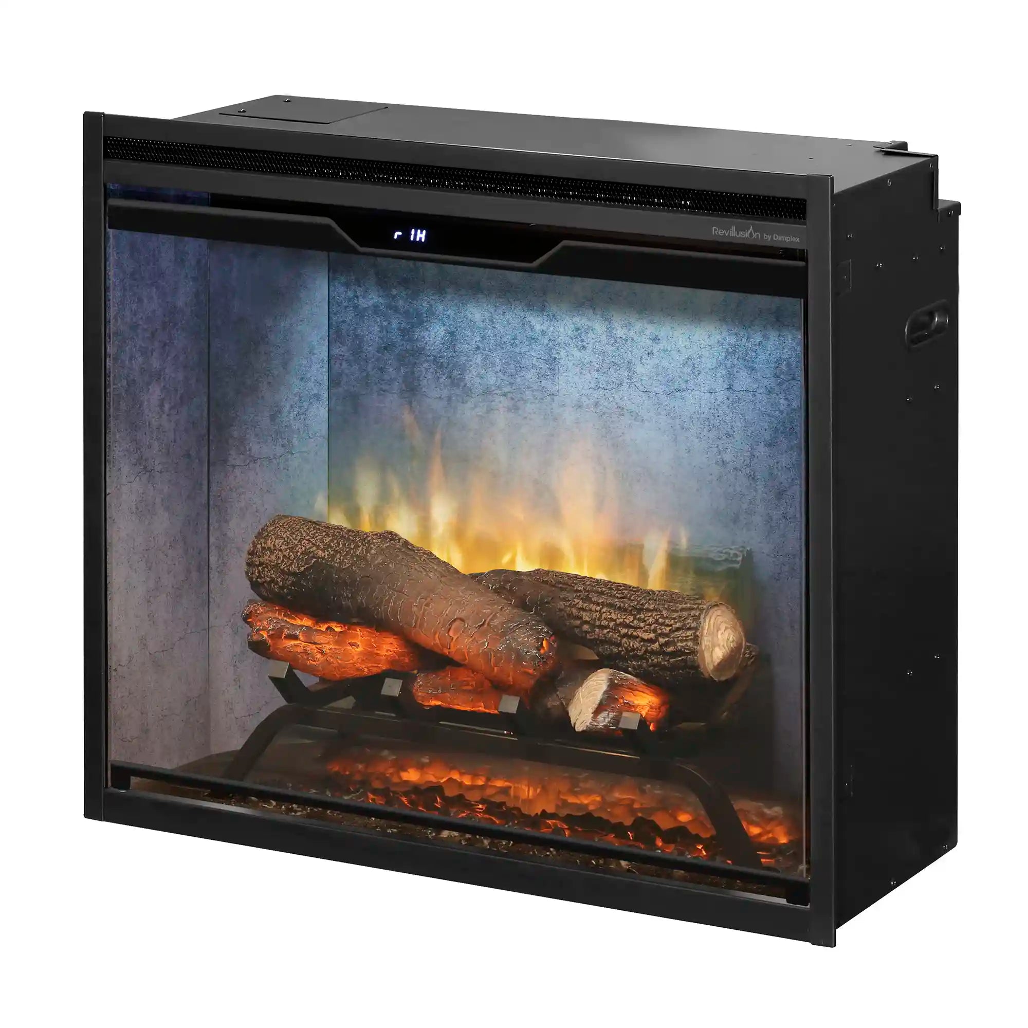 Electric fireplace insert front view with blue-gray back panel and flickering flame