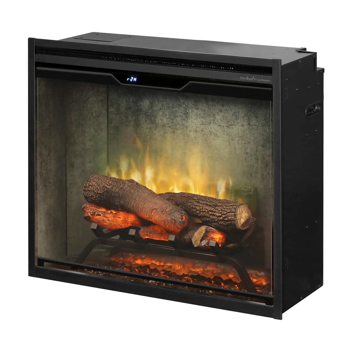 Electric fireplace insert front view with glowing flames behind tempered glass