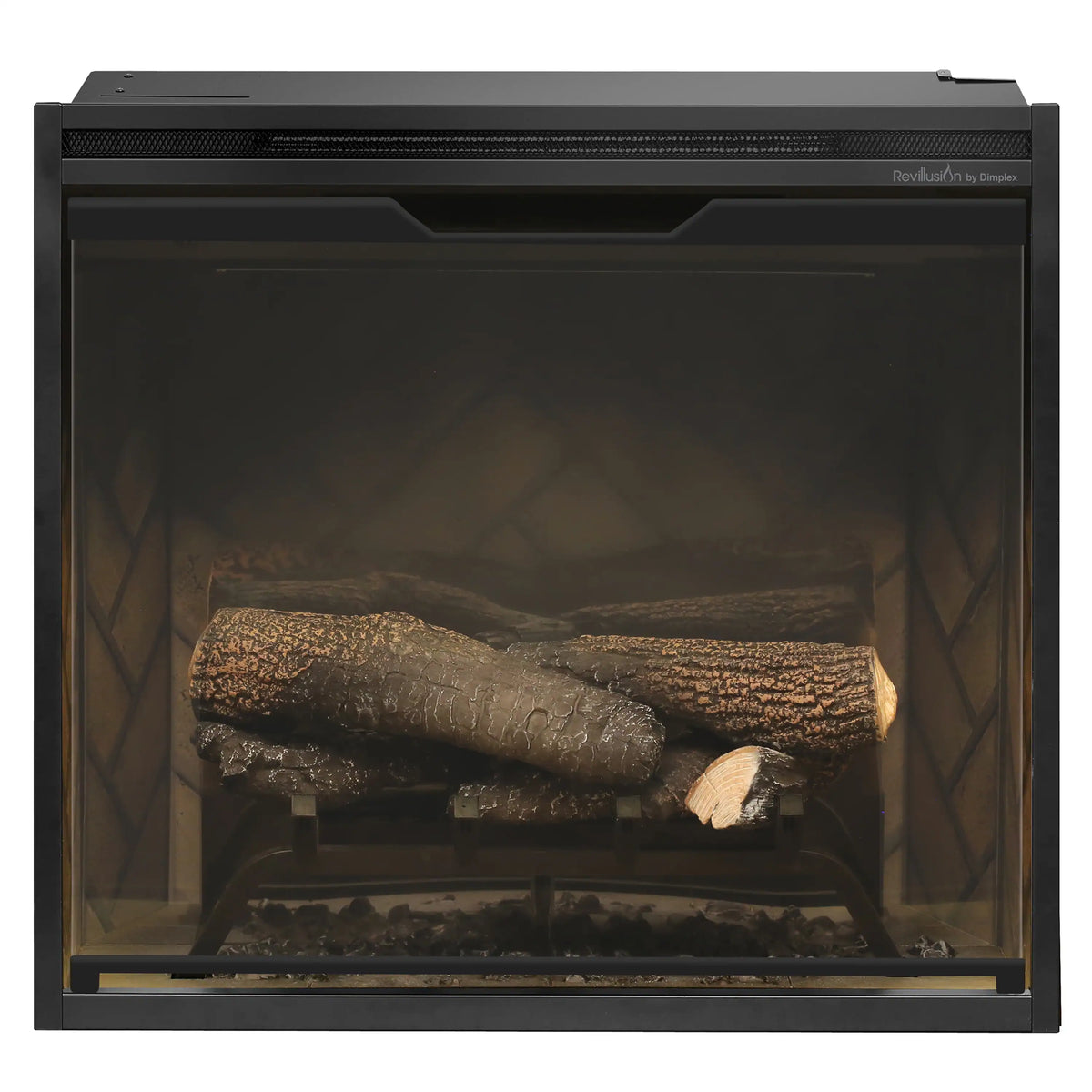 24-inch built-in electric firebox view with faux logs and ember bed behind glass