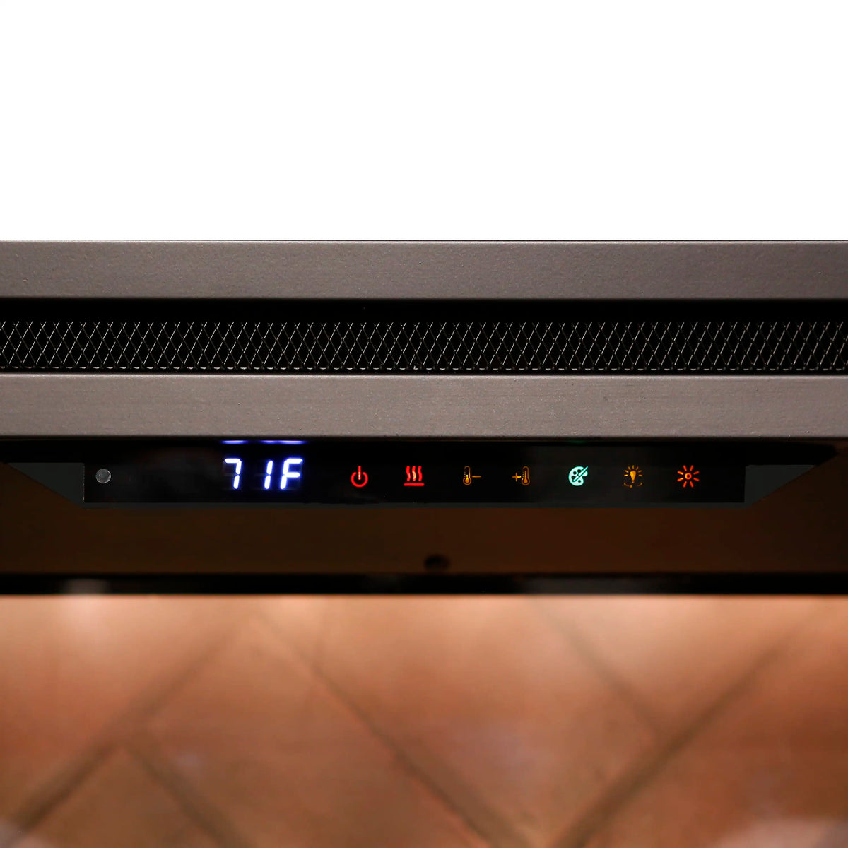 Electric firebox control panel with illuminated icons and blue digital display