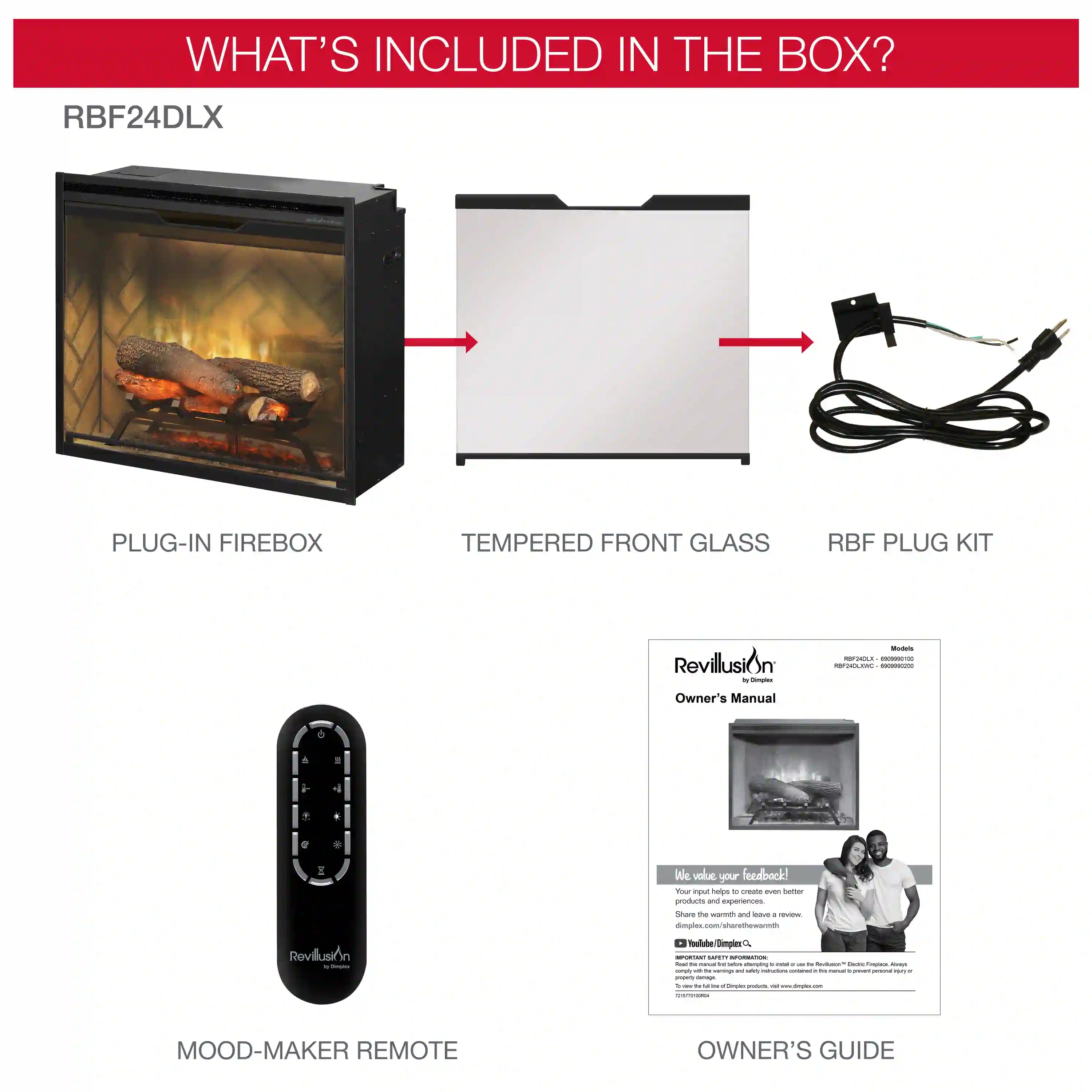 Package contents diagram showing plug-in firebox, tempered glass front, plug kit, remote