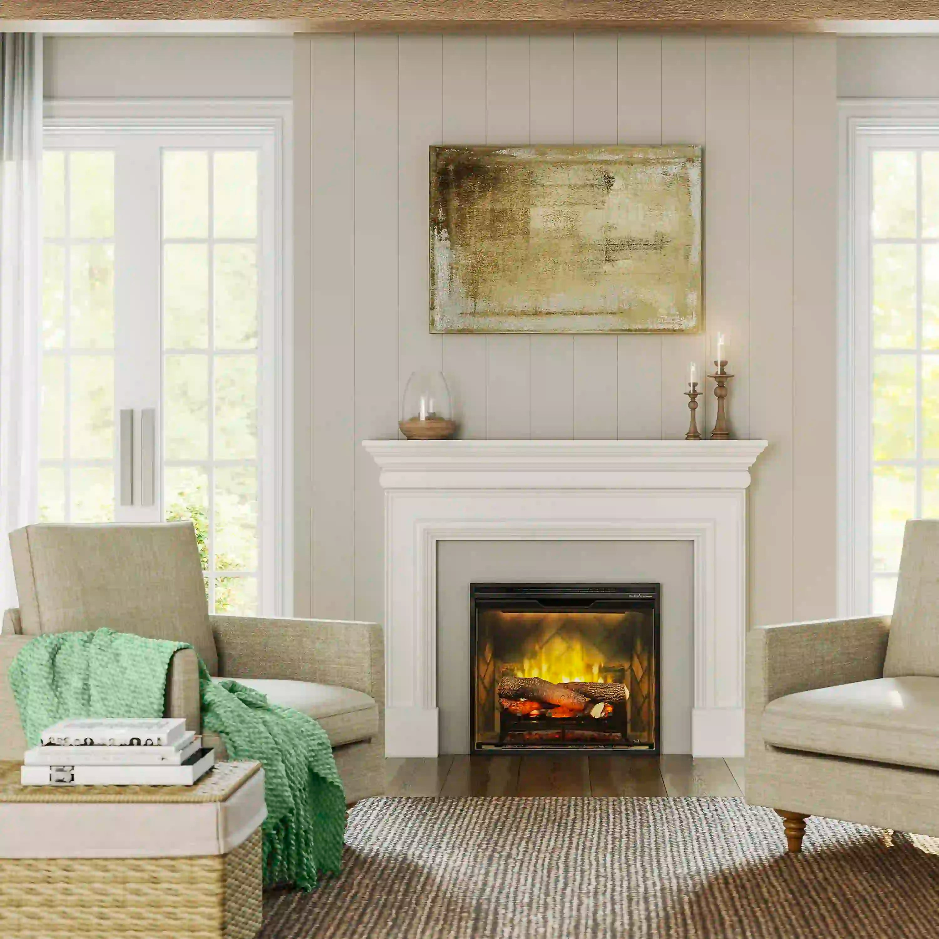 Electric fireplace insert with faux flame in black opening within white mantel