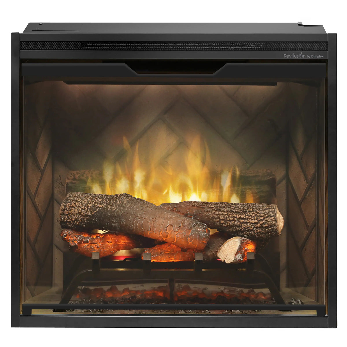 24-inch built-in electric firebox front view with faux logs and bright flame effect