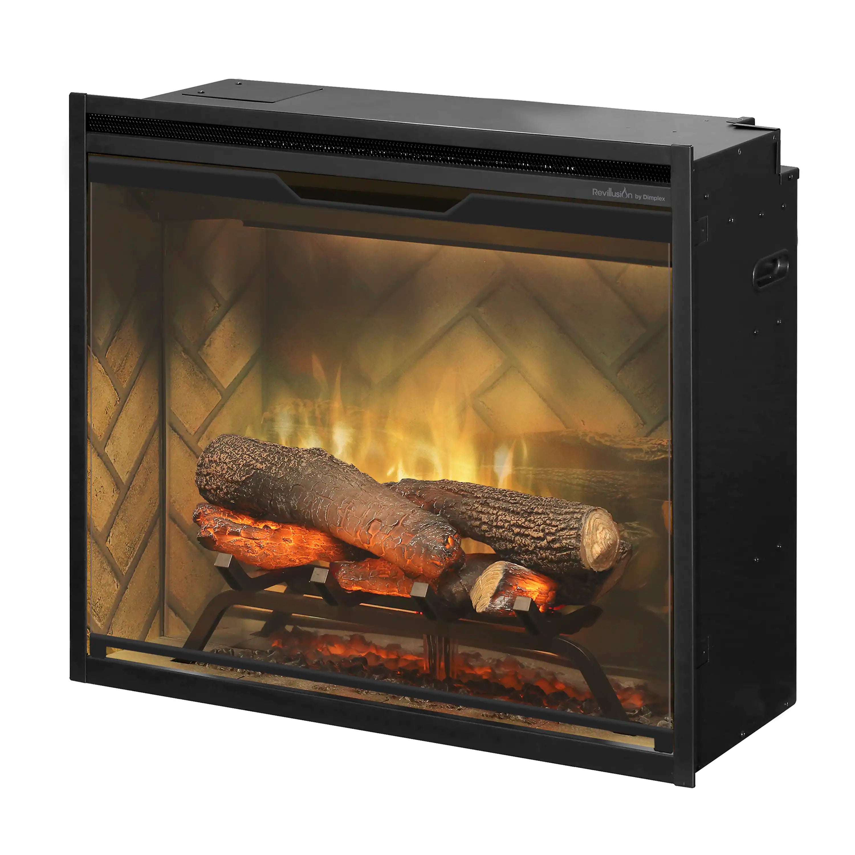 24-inch built-in electric firebox with glass front and black frame, side angle