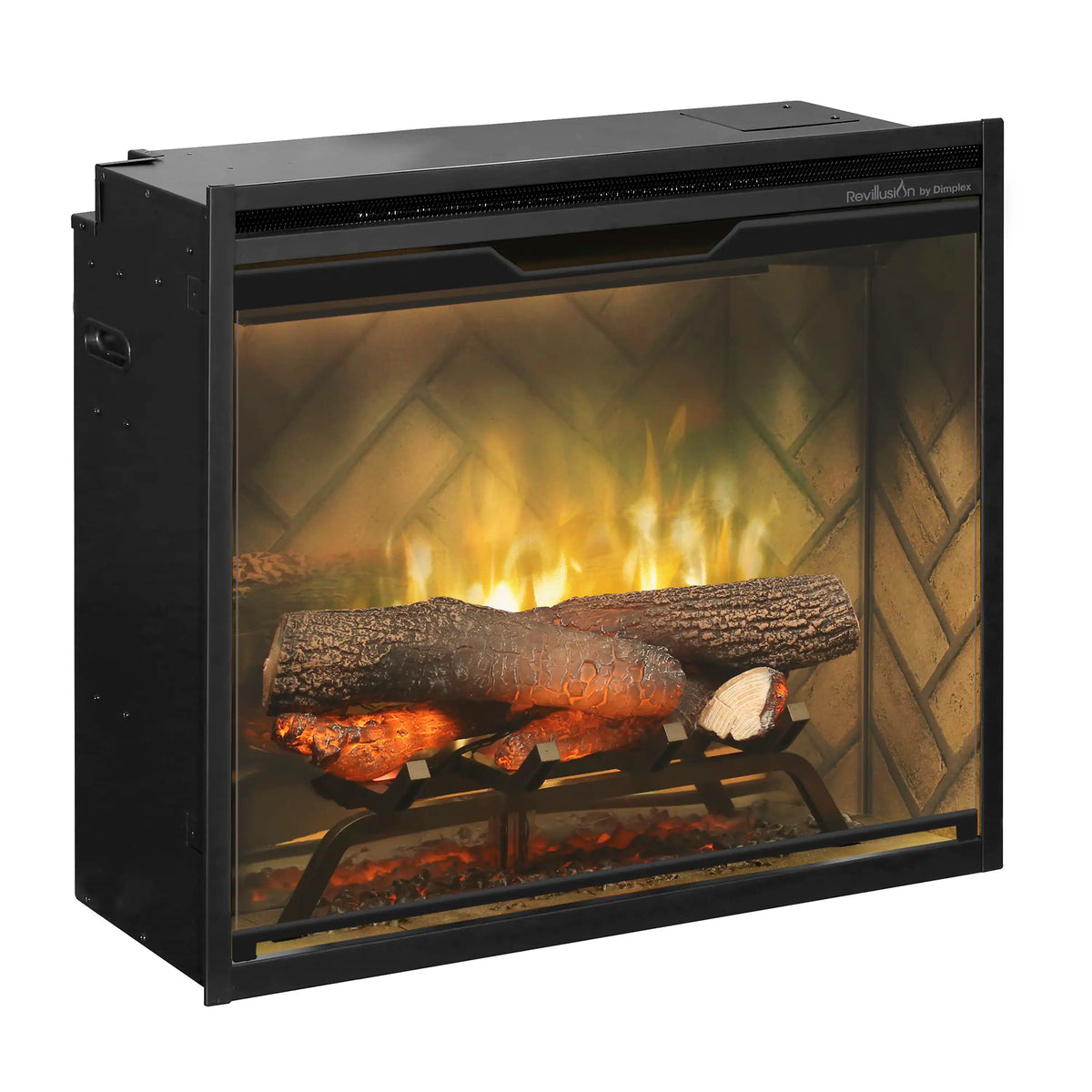 24-inch built-in electric firebox 3/4 view with glass front and faux log fire