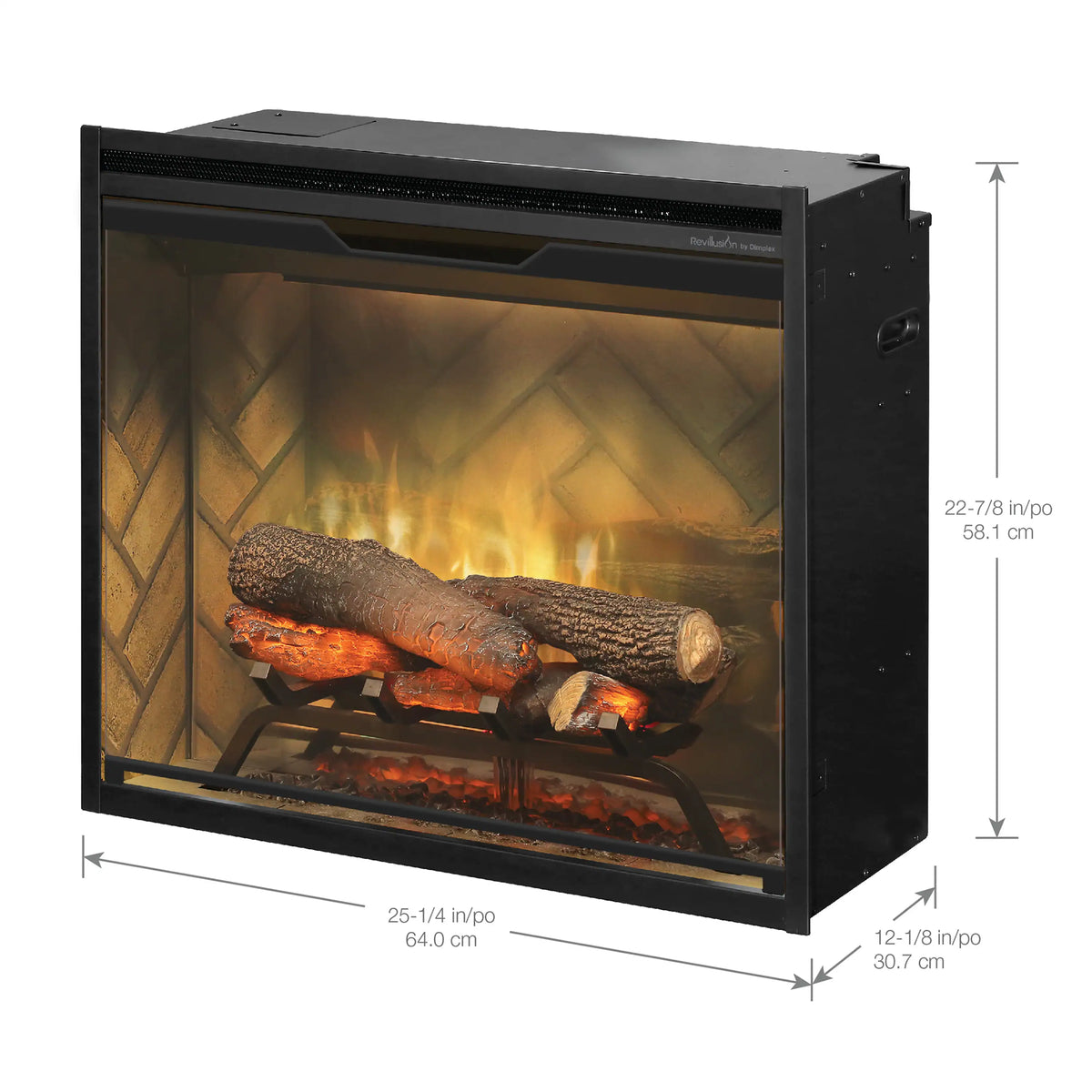 24-inch built-in electric firebox with tempered glass front and faux flame display