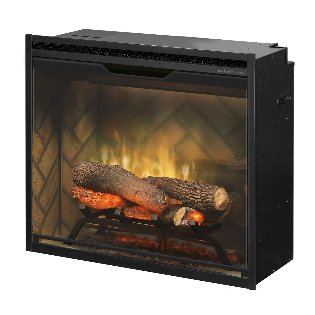 24-inch built-in electric firebox front view with glowing logs behind glass