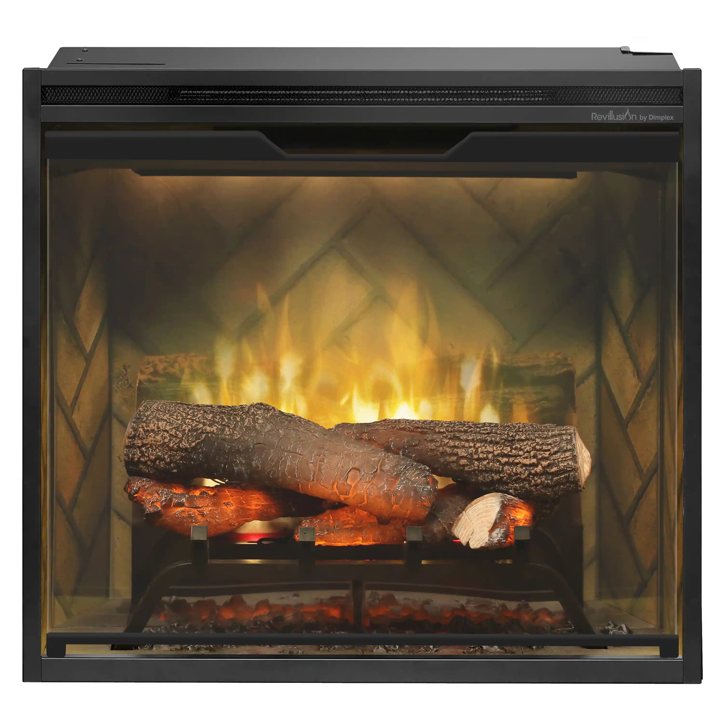 Built-in electric fireplace insert front view with glowing log flame and weathered concrete finish